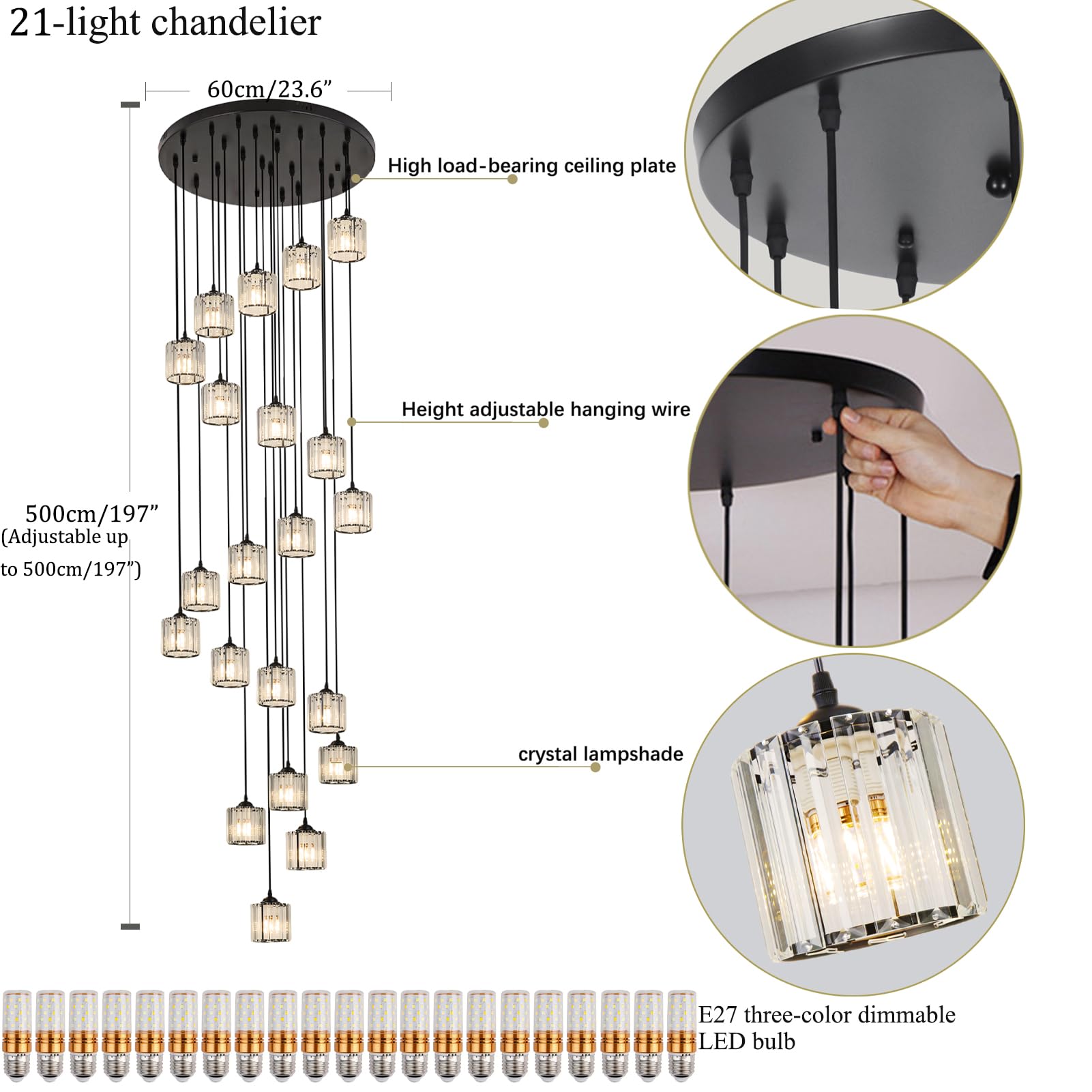 Meimond Long Chandeliers For High Ceilings Modern Crystal Pendant Light Raindrop Drop Lamp Hanging Flush Mount Lighting Fixtures For Spiral Staircase Foyer Entryway Living Room Black (21 Lights)
