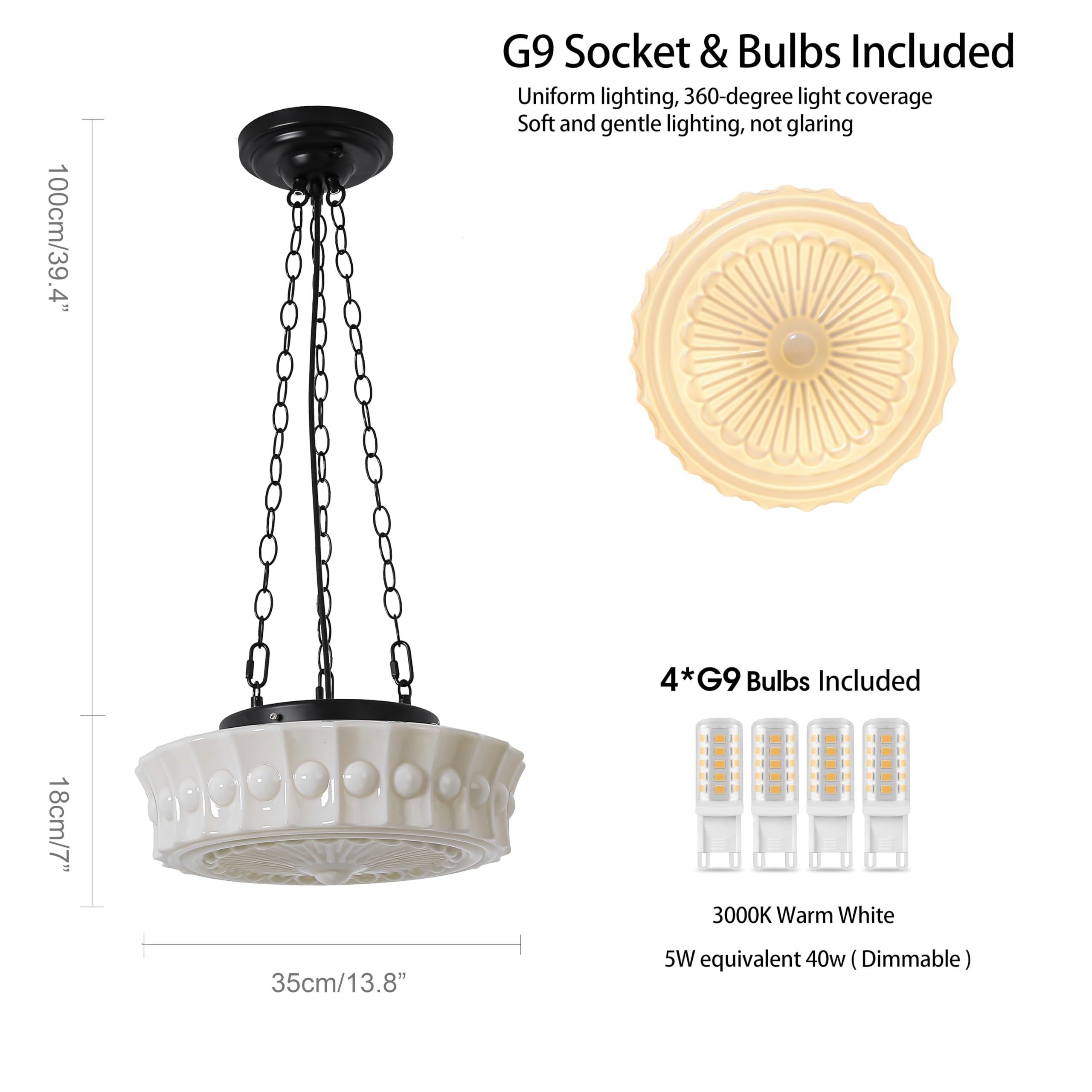 FCTWAKS 14 Cream Yellow Milk Glass Pendant Light - Mid Century Modern Hanging Fixture, Vintage Chandelier with 4 Dimmable G9 Bulbs, 3000K