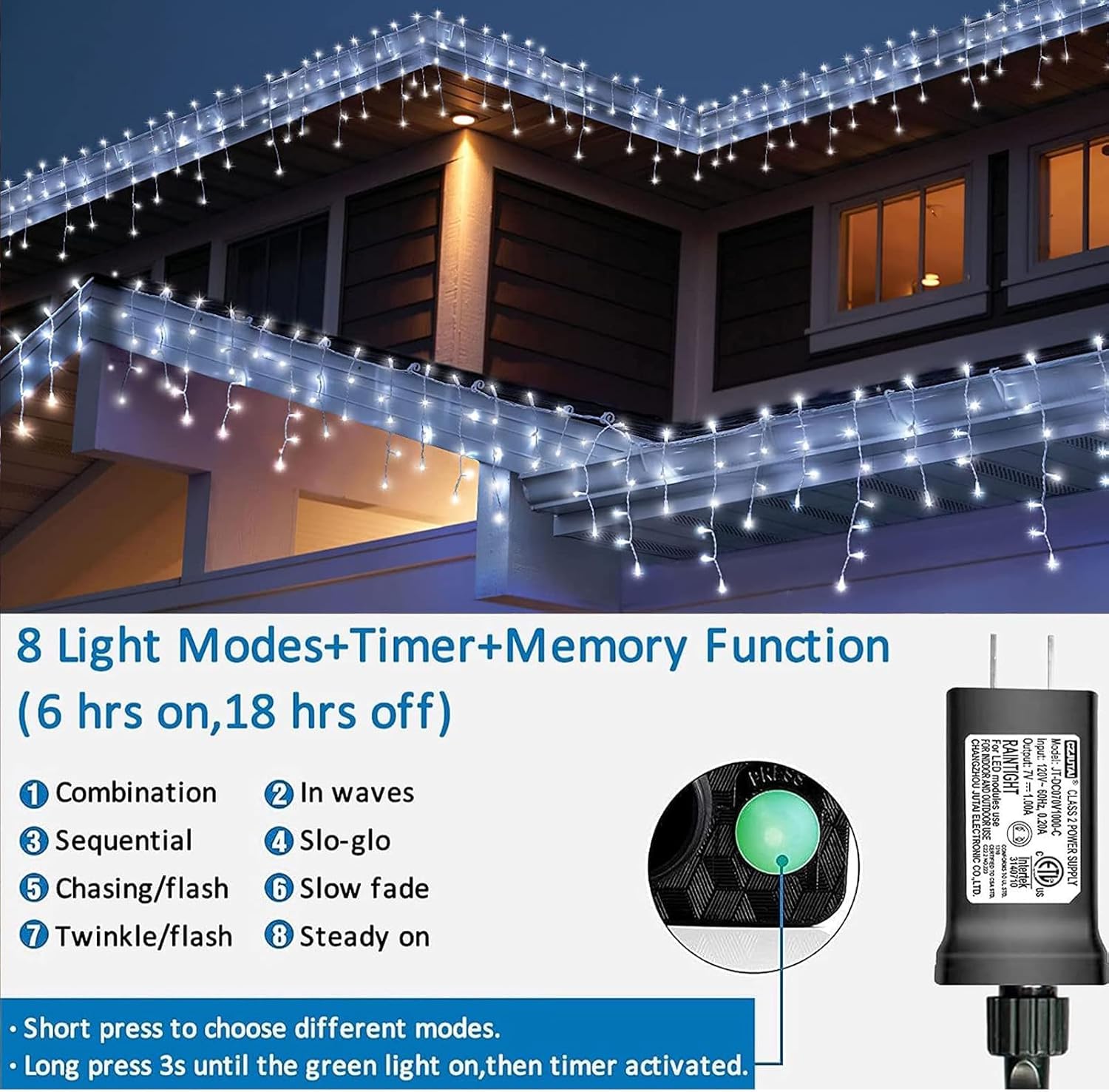 YEGUO Icicle Lights 800 LED Waterproof Christmas Lights, 66ft, 8 Modes, White, Connectable, Lamp String