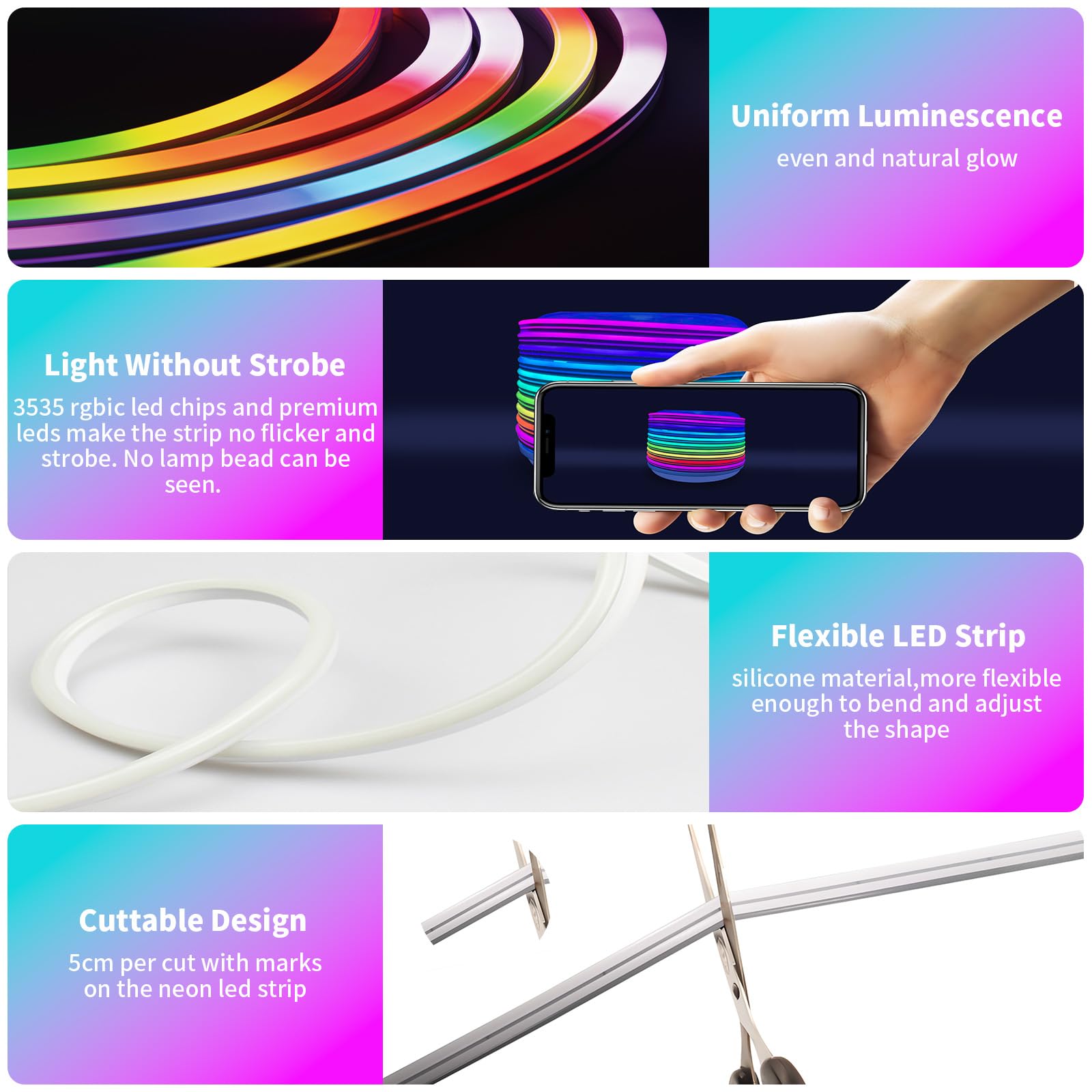 BUNACET LED Neon RGBIC Strip Lights, 26FT, IP67 Waterproof, Music Sync, RF Remote & APP Control, enhanced Silicone, Model BNT-DE-LED-Lights