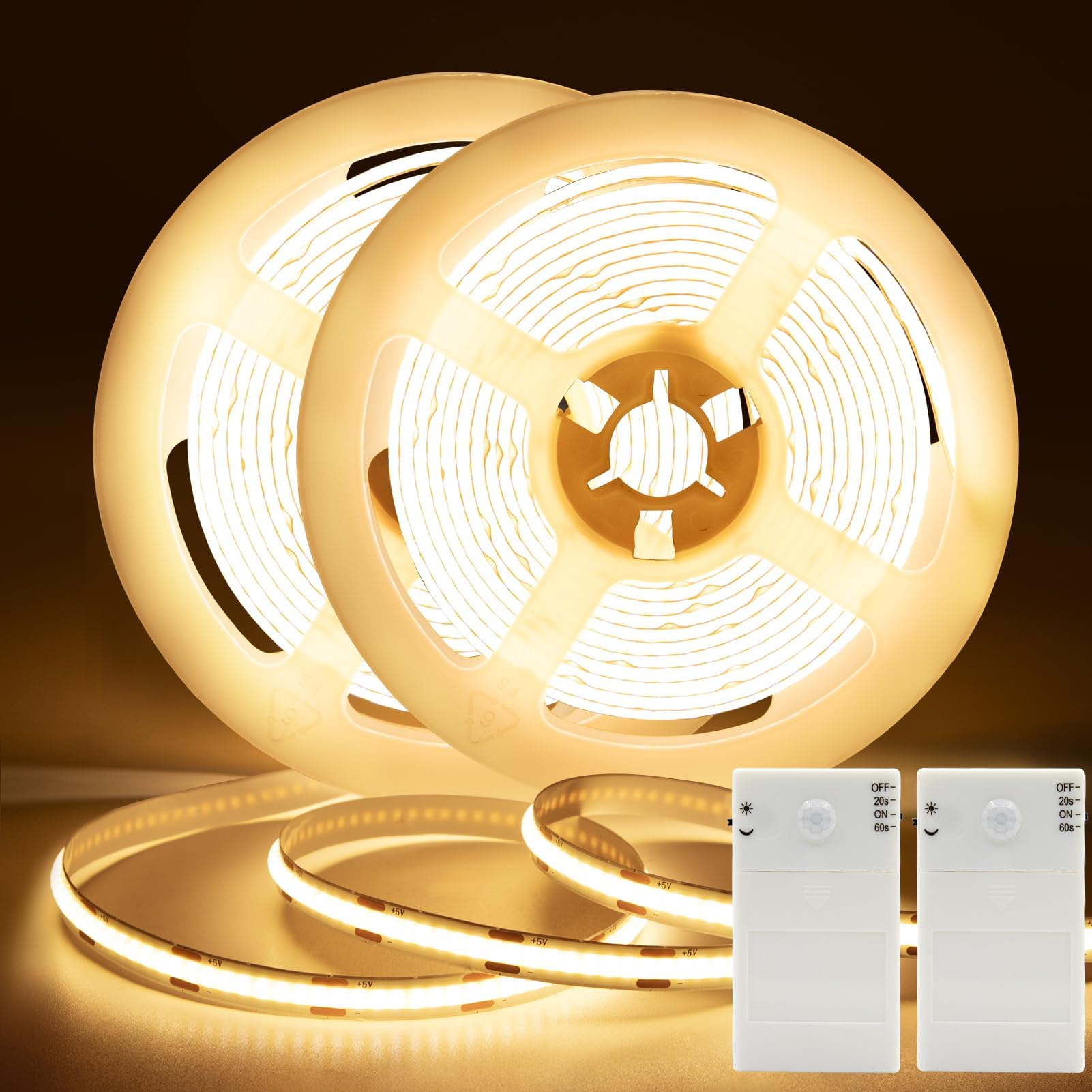 DBFAIRY 2 Pack COB Motion Sensor Band Light Battery Operated  6.6Ft 640 LED Cabinet Band Lights High Bright with Sensor Lighting Mode for Wardrobe Stair Pantry Counter Cabinet Bed 2700K Warm White
