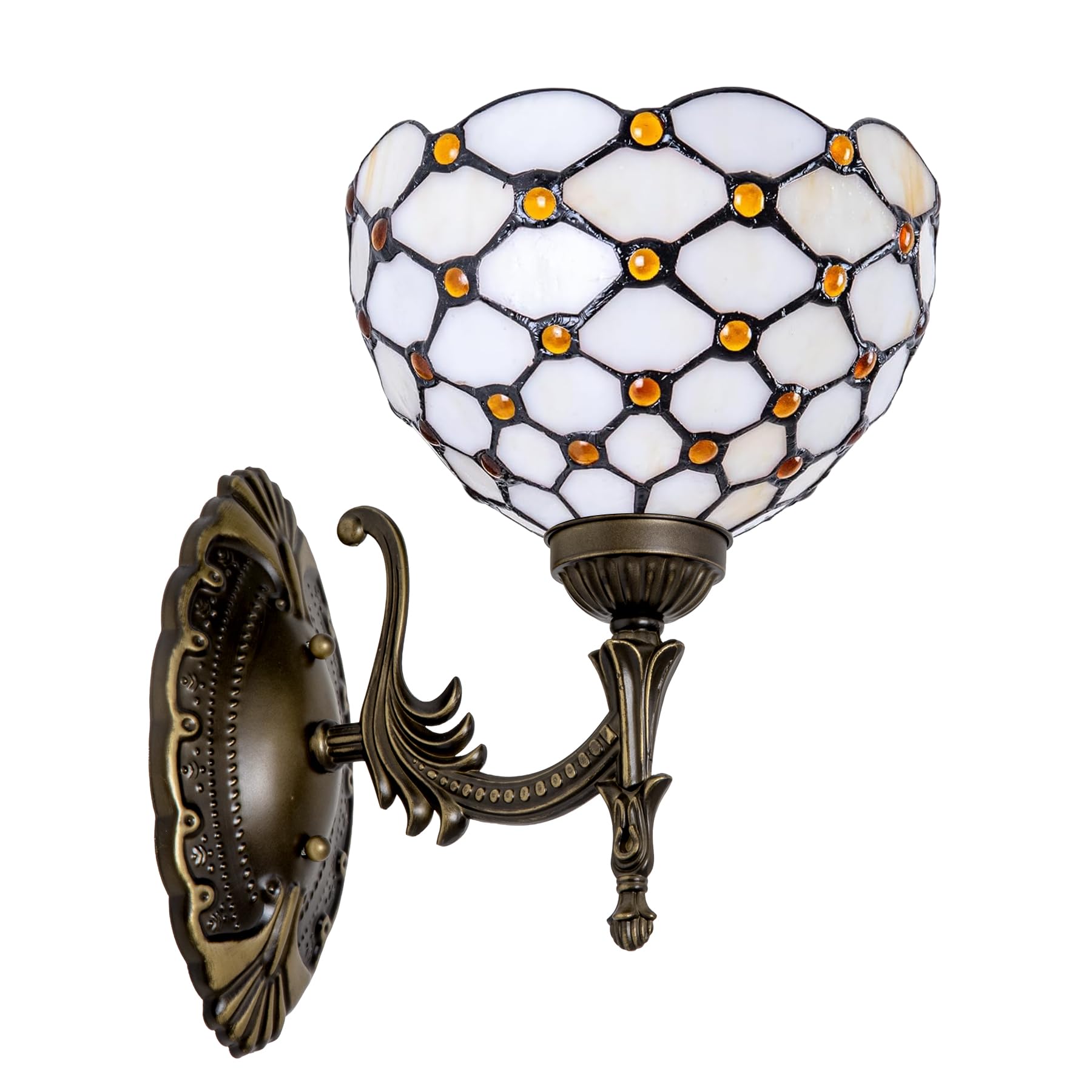 GILGGAK Tiffany Style Wall Sconce Amber White Pearls Stained Glass Bedside Lamp with Classic 8 Inches Lampshade for Bedroom Hall