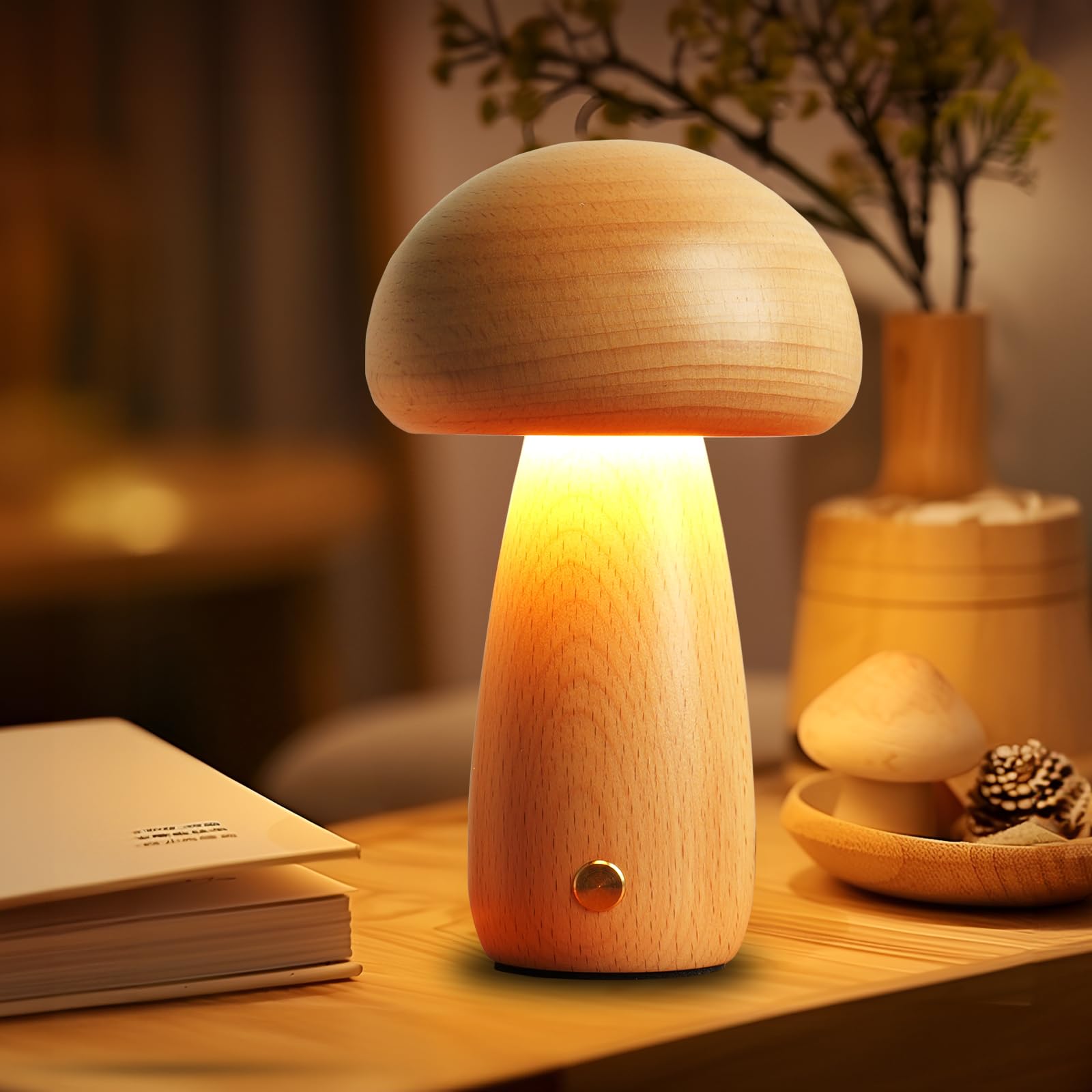 LONRISWAY Wooden Mushroom Lamp for Bedroom, Portable Cordless Small Rechargeable Battery Operated Lamp,Stepless Dimming, Night L