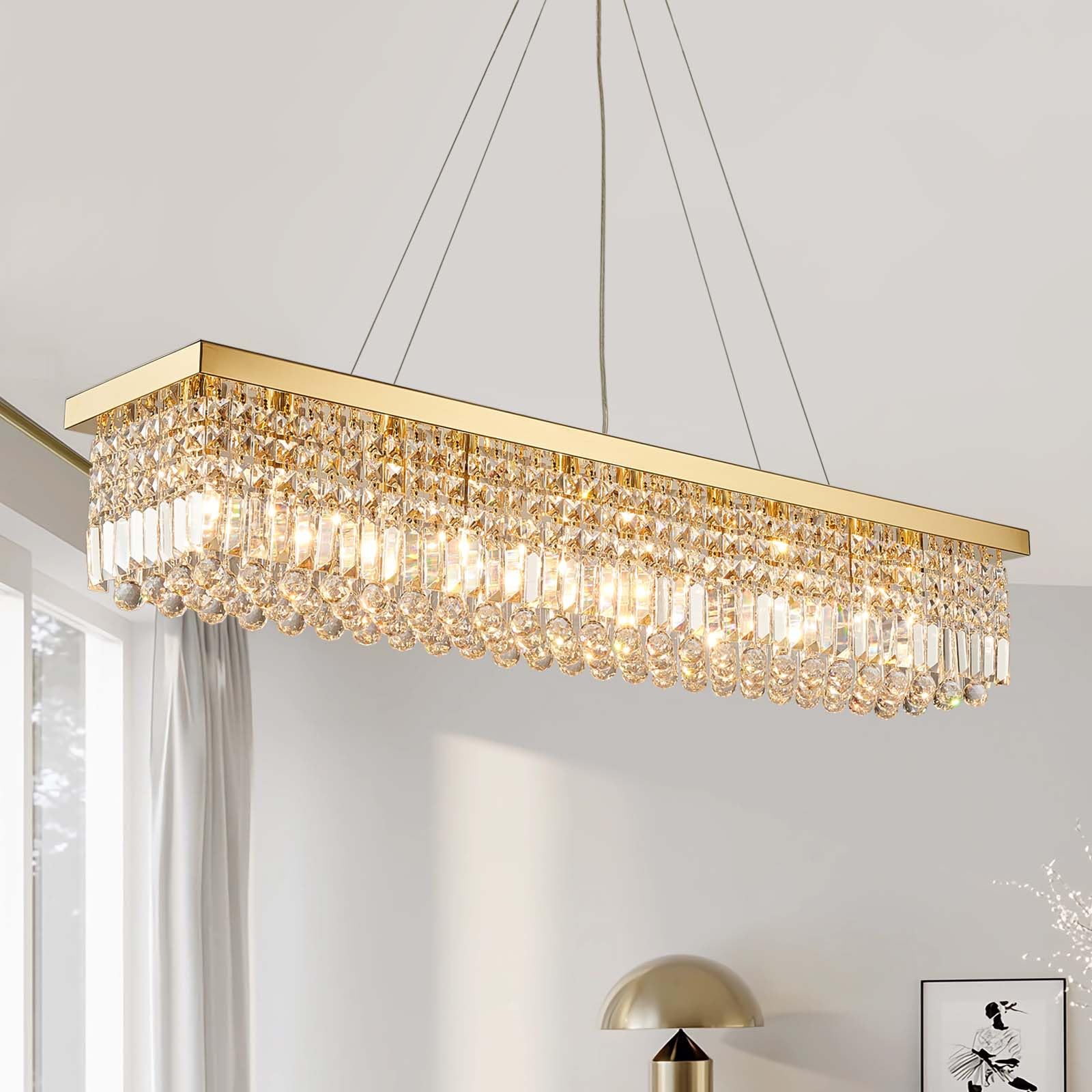 7PM Rectangle K9 Crystal Chandelier - Modern Gold Pendant Light Fixture, L47in x W10in x H10in, Stainless Steel, for Dining Room, Kitchen, Bedroom