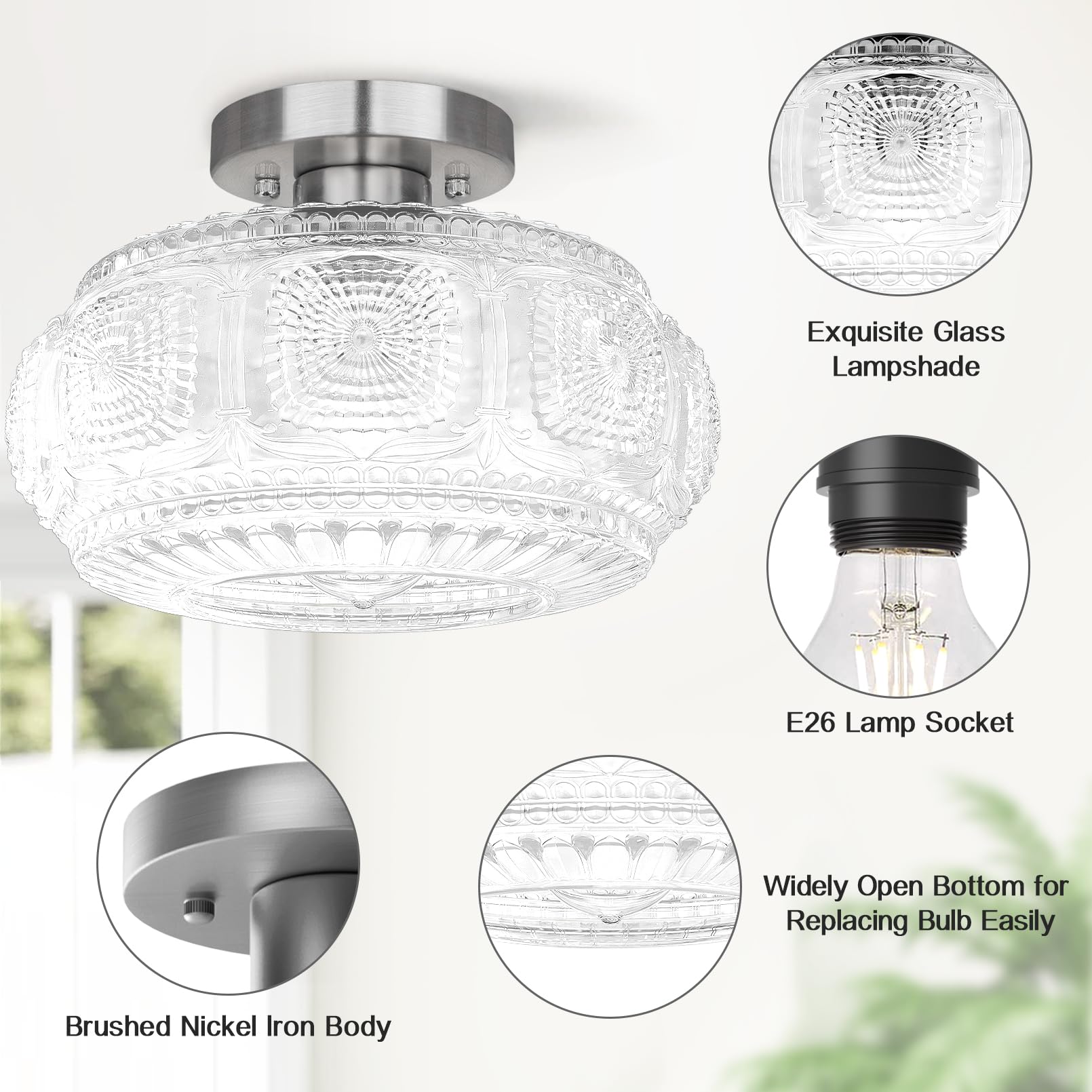 Oykyohei Semi Flush Mount Ceiling Light, Upgraded Larger Brushed Nickel Glass Ceiling Light Fixture, Vintage Lighting For Hallwa
