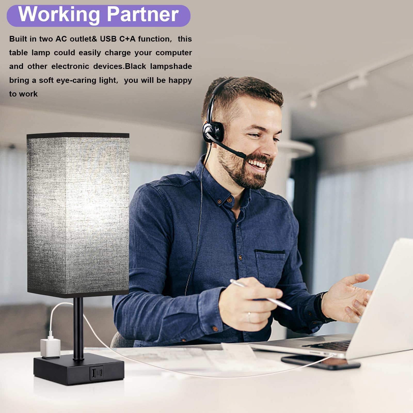 aooshine Black Touch Lamp with USB-C & AC Outlets, 800 Lumens, 14.0 in, Linen Shade, Square Design for Bedroom & Office