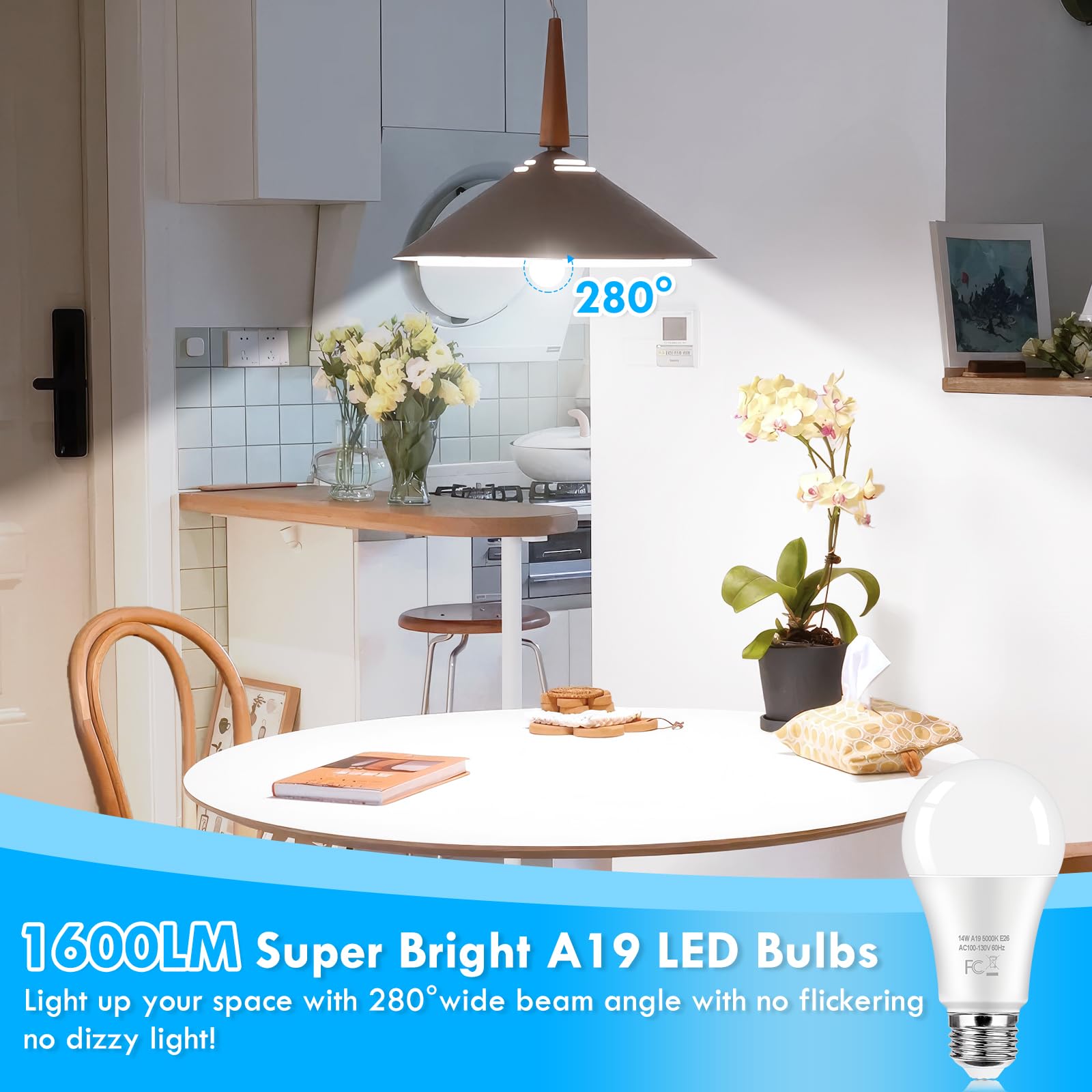 Led Light Bulbs 100 Watt Equivalent 1600 Lumens, A19 14W Super Bright Daylight White 5000K Led Bulbs, Standard E26 Medium Screw Light Bulbs Non-Dimmable, 25000+Hrs Lifespan, No-Flicker, 12-Pack