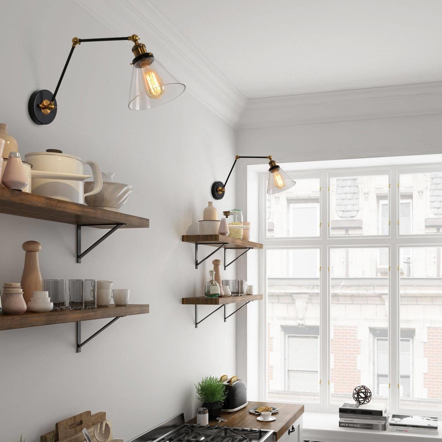 Lnc Black Gold Wall Sconces, Glass Swing Arm Wall Lamp Adjustable Plug-In Or Hardwire Light Fixture