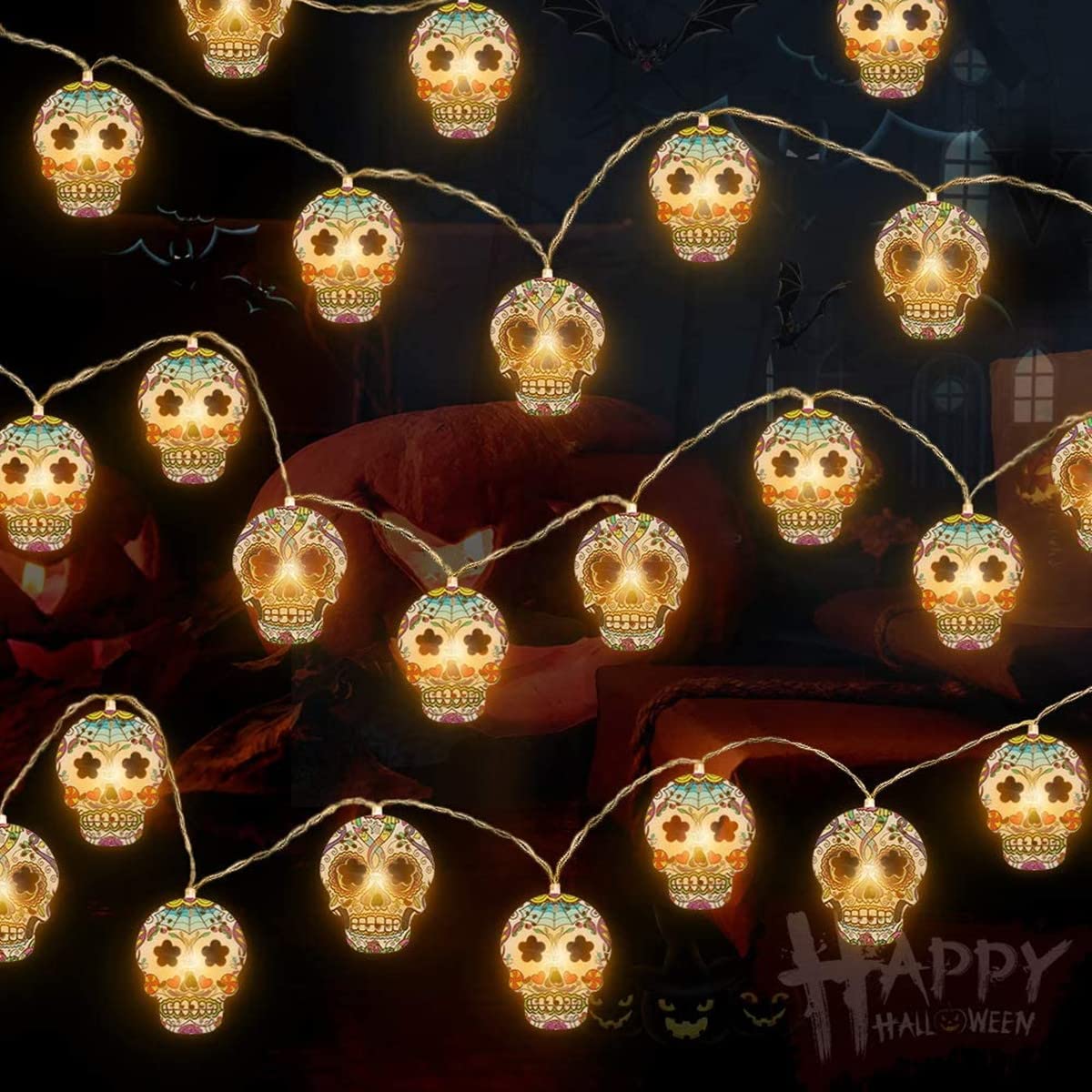 LINGSFIRE Halloween String Lights LED Skull Lights String 14.7ft 30 LEDs Battery Operated 2 Modes Steady on & Flash Halloween Lights Outdoor Indoor for Halloween Decorations, Festivals, Parties