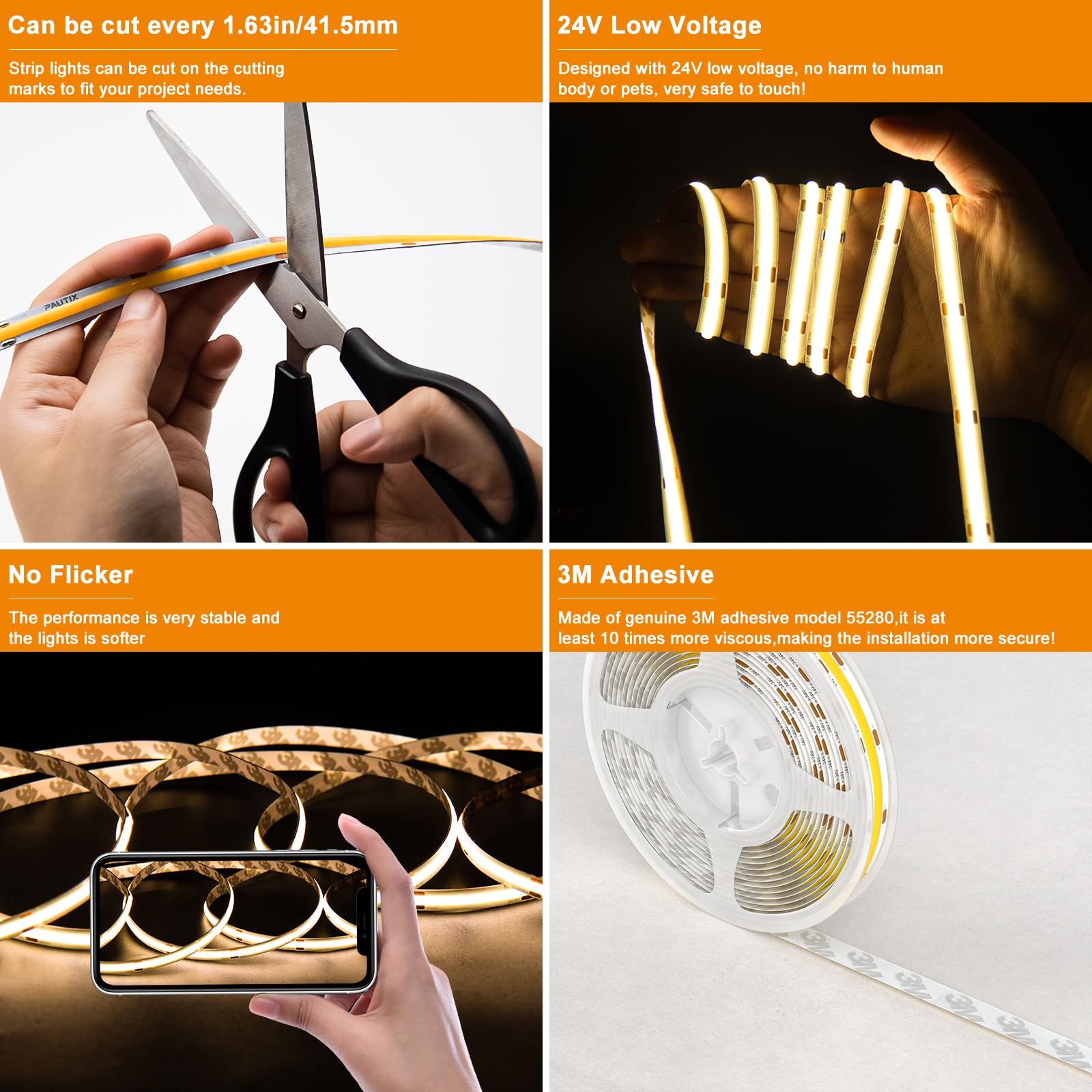 Pautix Cob Led Strip Light 3000K,32.8Ft/10M Dimmable Dc24V Warm White Led Strip Lights,High Lumen Tape Lights Kit,Work With Alex