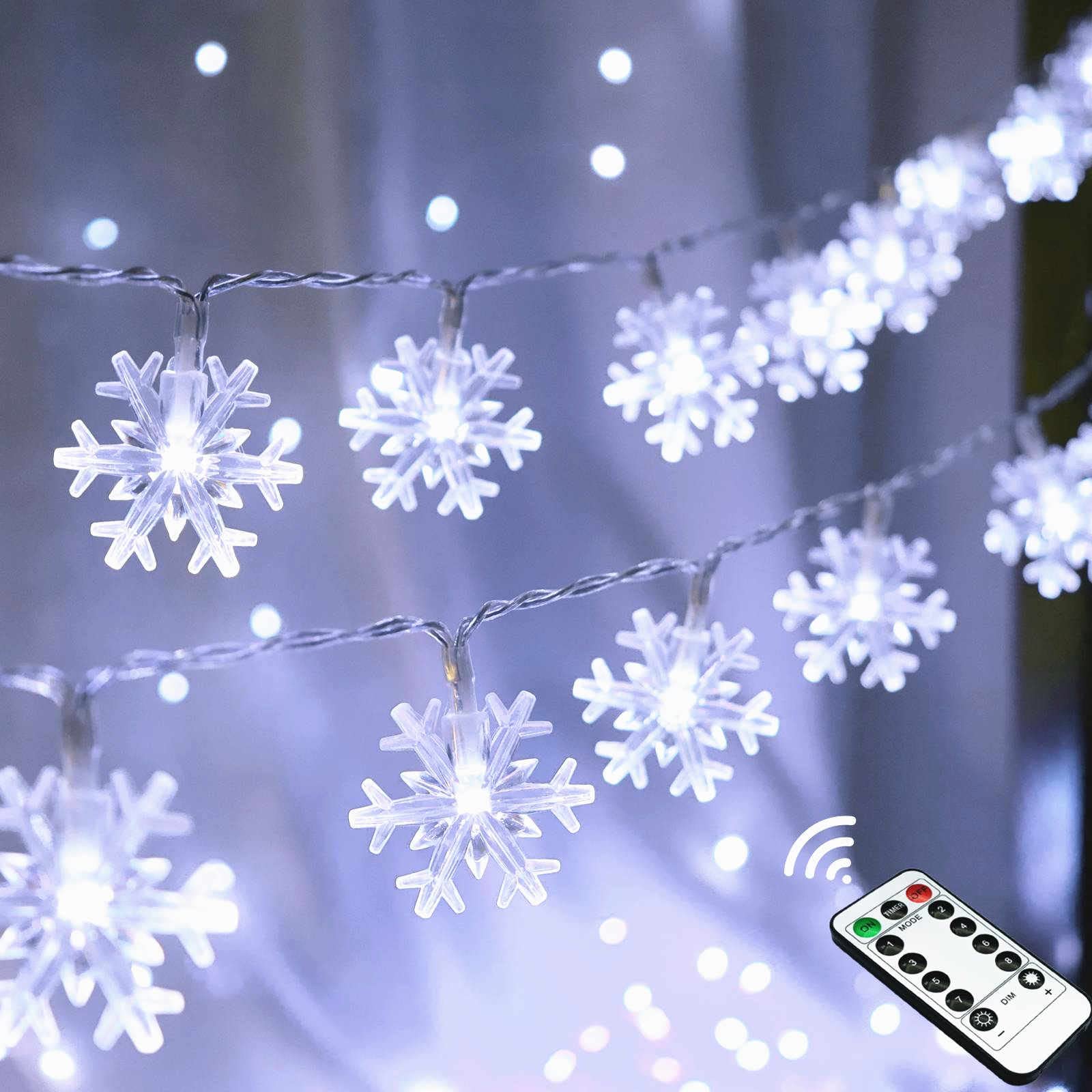 Christmas Snowflake Lights, 20 FT 40 LED Battery Operated String Lights with Remote, 8 Modes Timer Waterproof Hanging Decor Bedroom Room Party Wall Indoor Outdoor Xmas Tree Decorations White