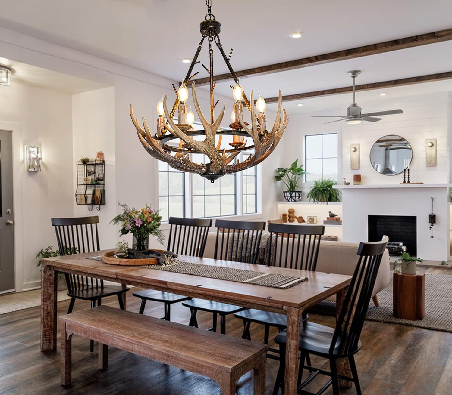 Debemenes Rustic Antler Chandelier 6 Lights, Vintage Farmhouse Style, UL Listed, Rustic Brown for Dining Room, Kitchen, Living Room