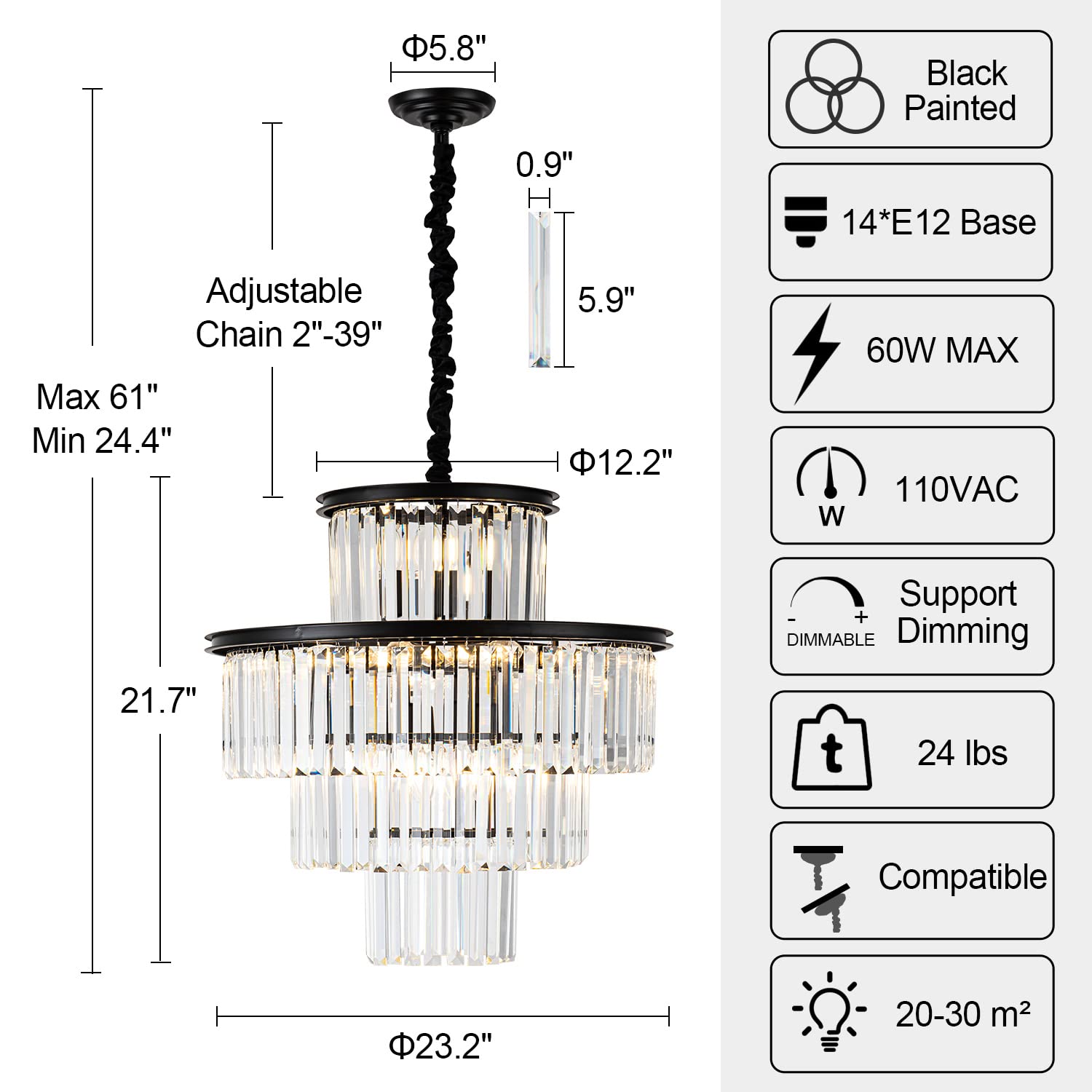 Lighceac 23" 14-Light Modern Crystal Chandelier Light Fixtures 4-Tier Black Luxury Chandeliers For Dining Room Round Hanging Pendant Lighting For Living Room Kitchen Entryway Bedroom Foyer Hallway