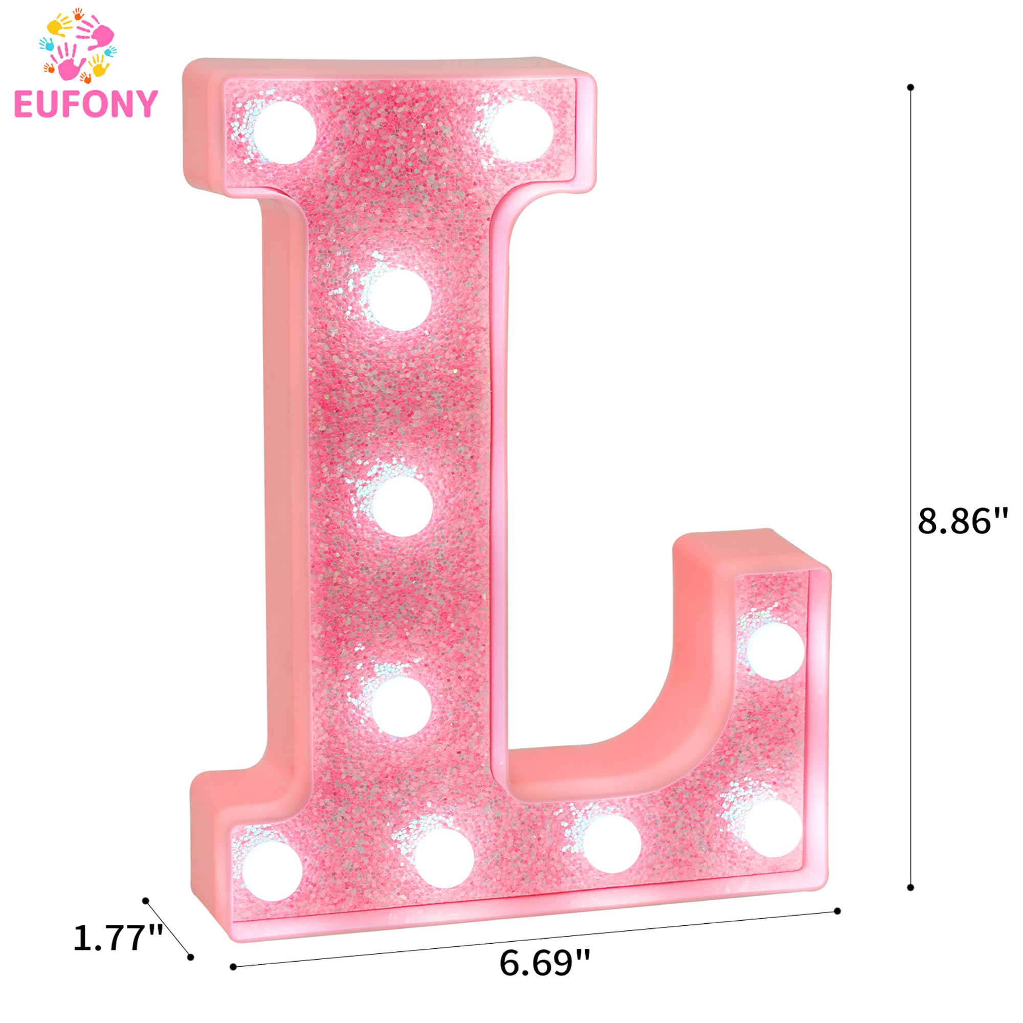 EUFONY Pink Glitter LED Marquee Light Up Letter L with Cool White Lights, Battery-Powered Alphabet Letter Sign for Girls Gift, B