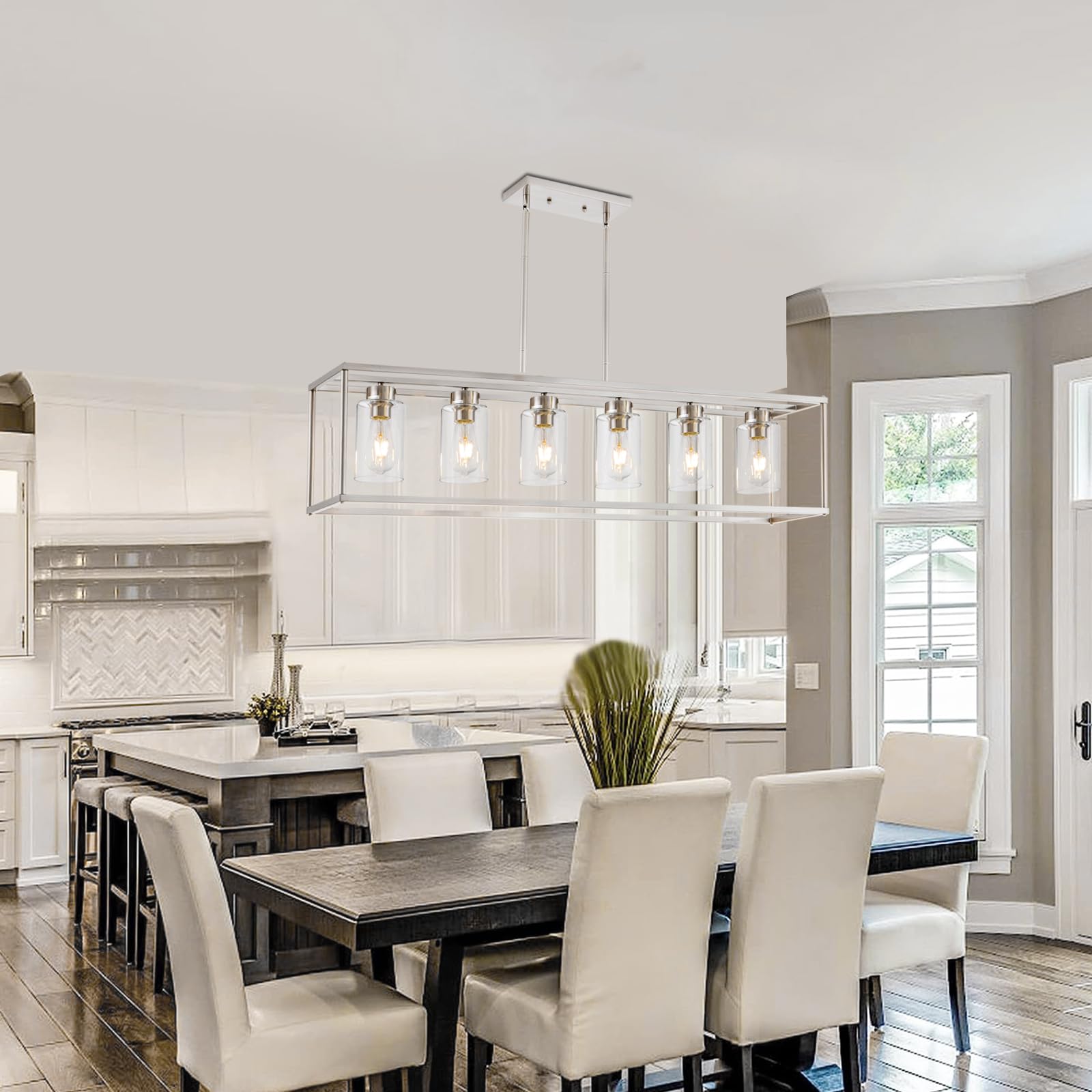 Hccz 6 Light Brushed Nickel Modern Farmhouse Chandelier Adjustable Pendant Lighting For Dining Room