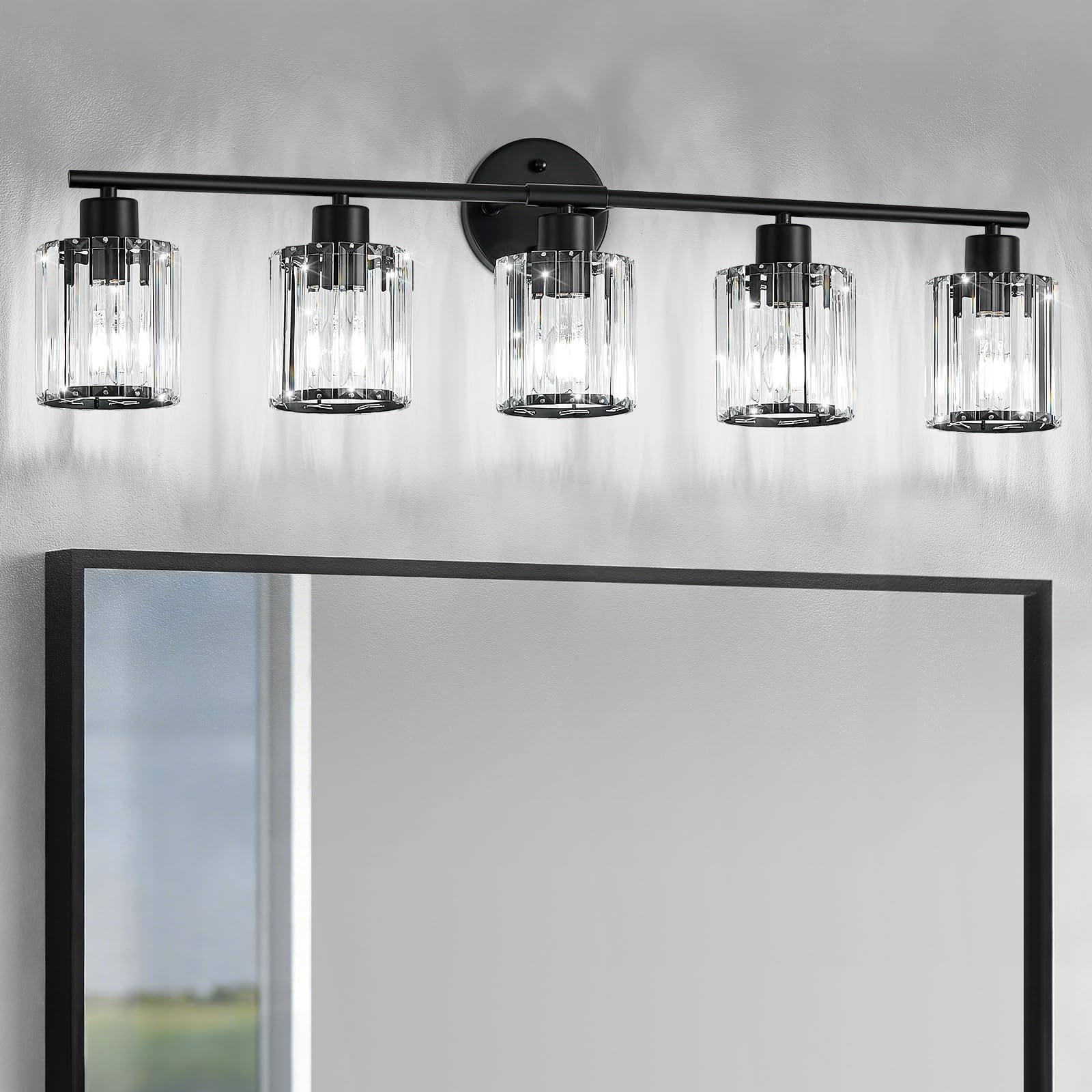Kvhiiw Crystal Bathroom Light Fixtures, Bathroom Lighting Fixtures Over Mirror, Modern Black 5-Light Vanity Lights for Mirror,Re