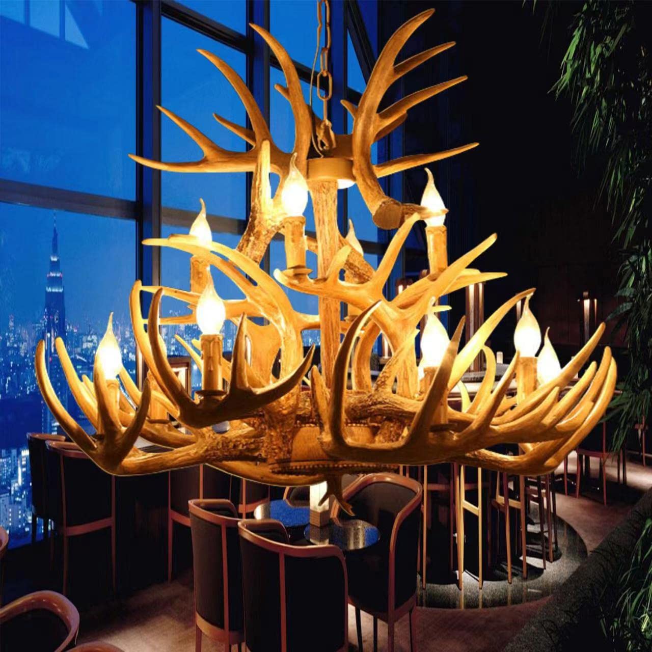 AUNLPB Deer Antler Chandelier 9-Light LED Pendant Light, Adjustable, Vintage Style, Brown, 12 Lights