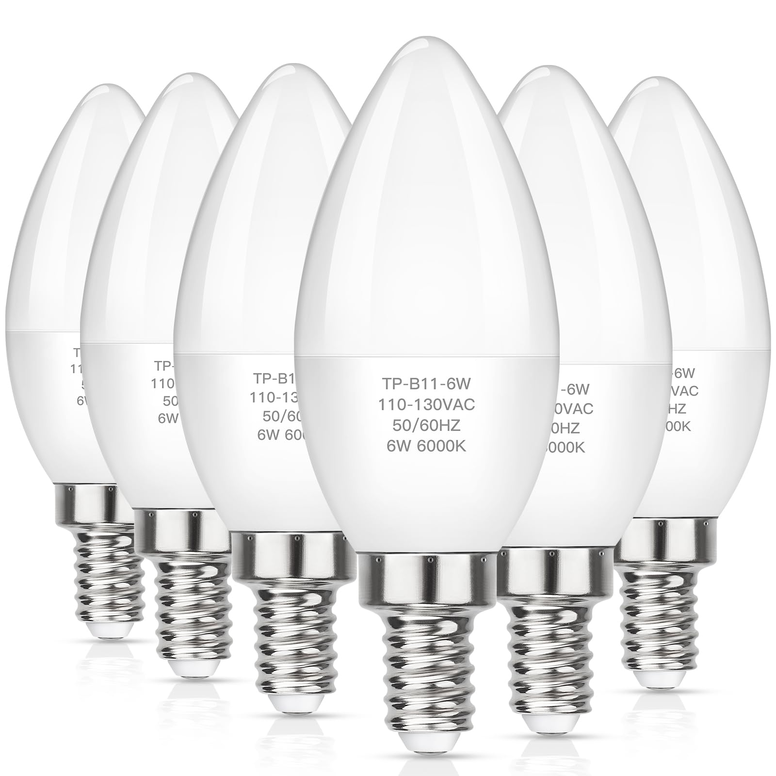 MAXvolador E12 LED Candelabra Bulbs 6W B11 6000K Cool White 600 Lumens Pack of 6
