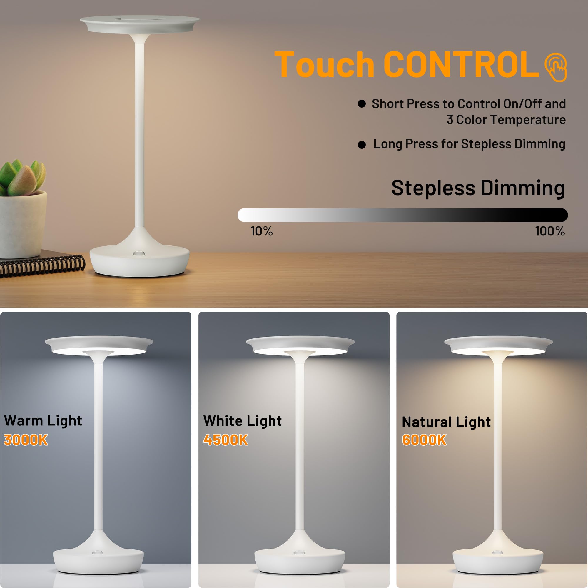 YHT Cordless Table Lamp, Waterproof 6000mAh Battery, 3 Color Dimming, Aluminum, White, Model 825, 1 Pack