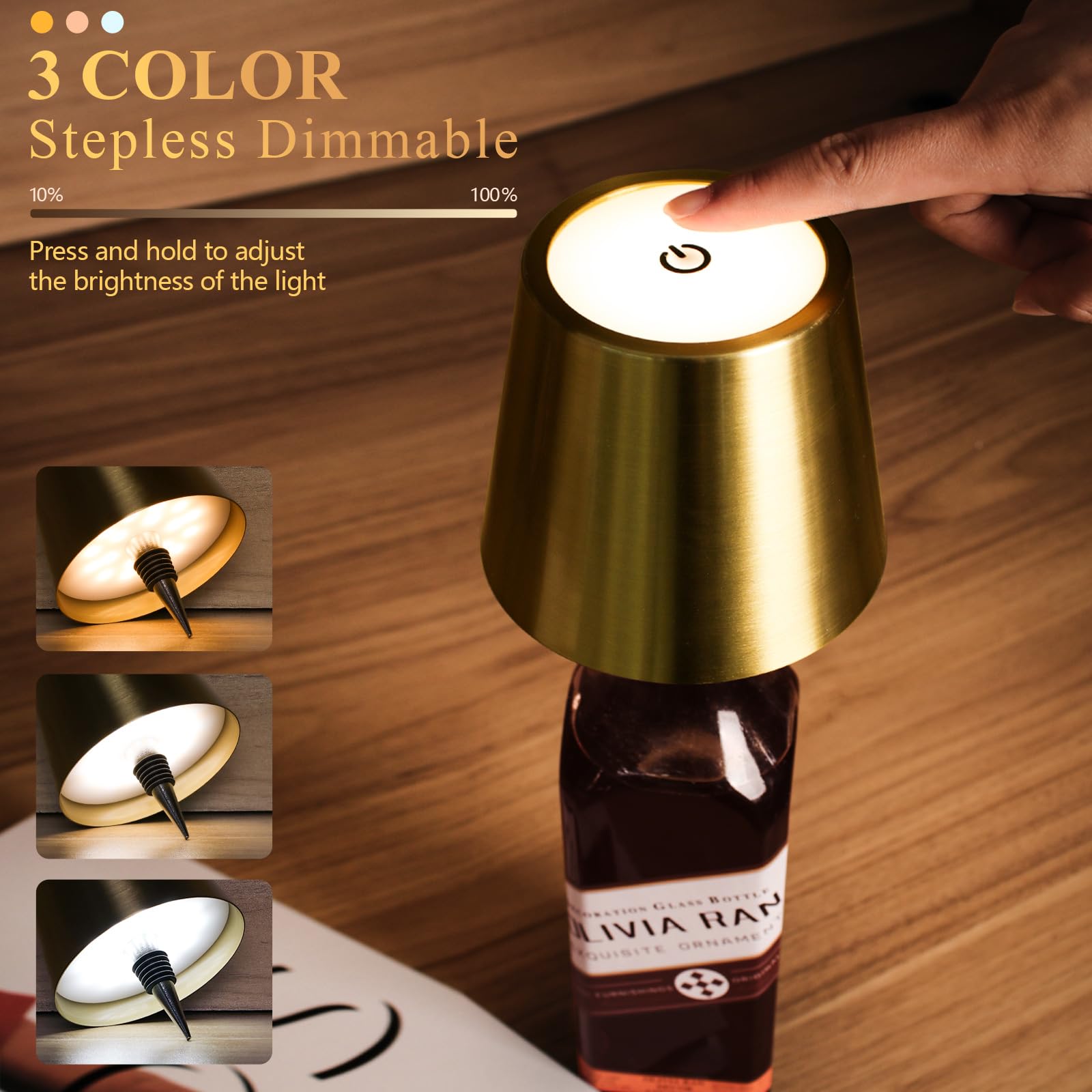 Mebaraul Wine Bottle Lamp - 3 Color Rechargeable Wireless Lamp, Touch Dimming, Metal, Gold, Model FT1