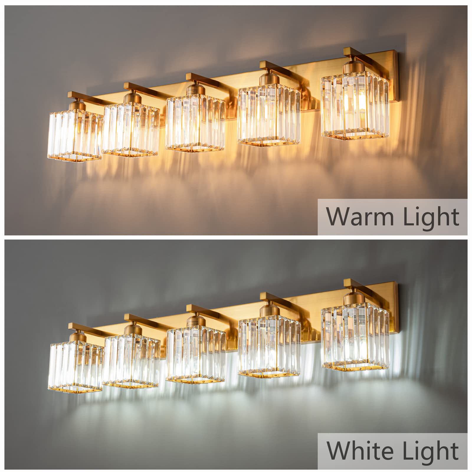 FDPBY Modern Wall Light, 5-Light Crystal Vanity Fixture, Gold Brushed Brass Finish, Model JW-002