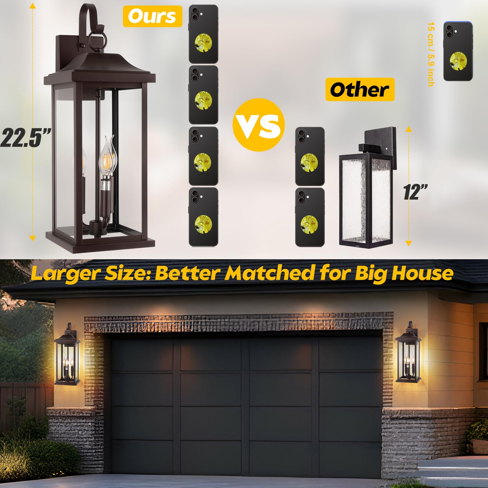 Roravilila 3-Light Outdoor Light Fixtures, 23” Vintage Bronze, IP65 Waterproof, 2-Pack, Front Porch Lanterns, Model RORAVILILA-534E87F