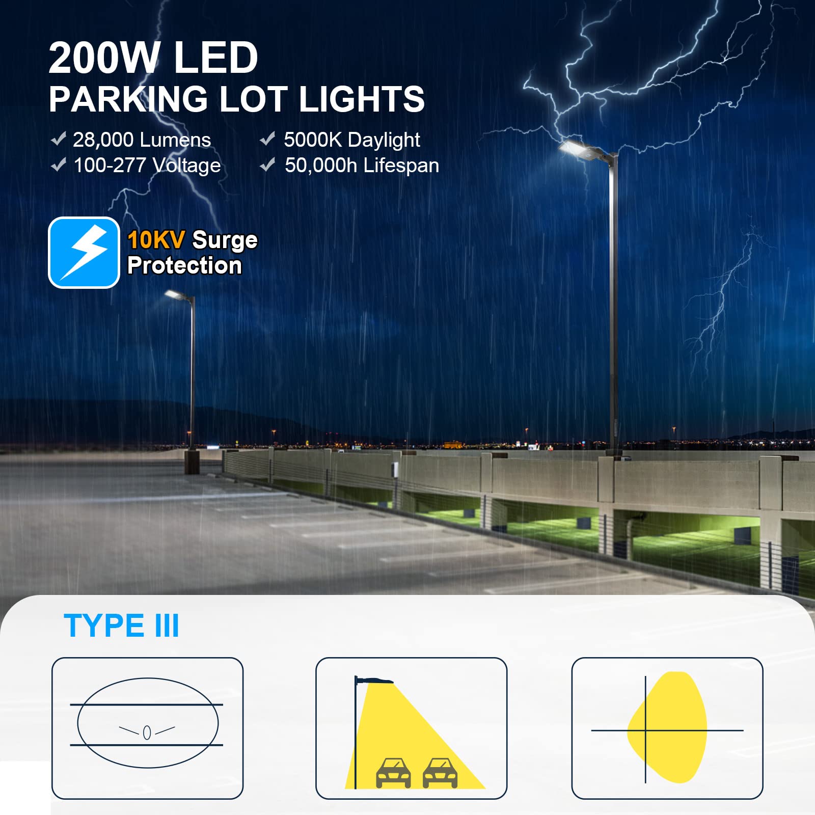AKK LED Parking Lot Light 200W Adjustable Arm Mount 28000LM 5000K Waterproof White ETL Listed