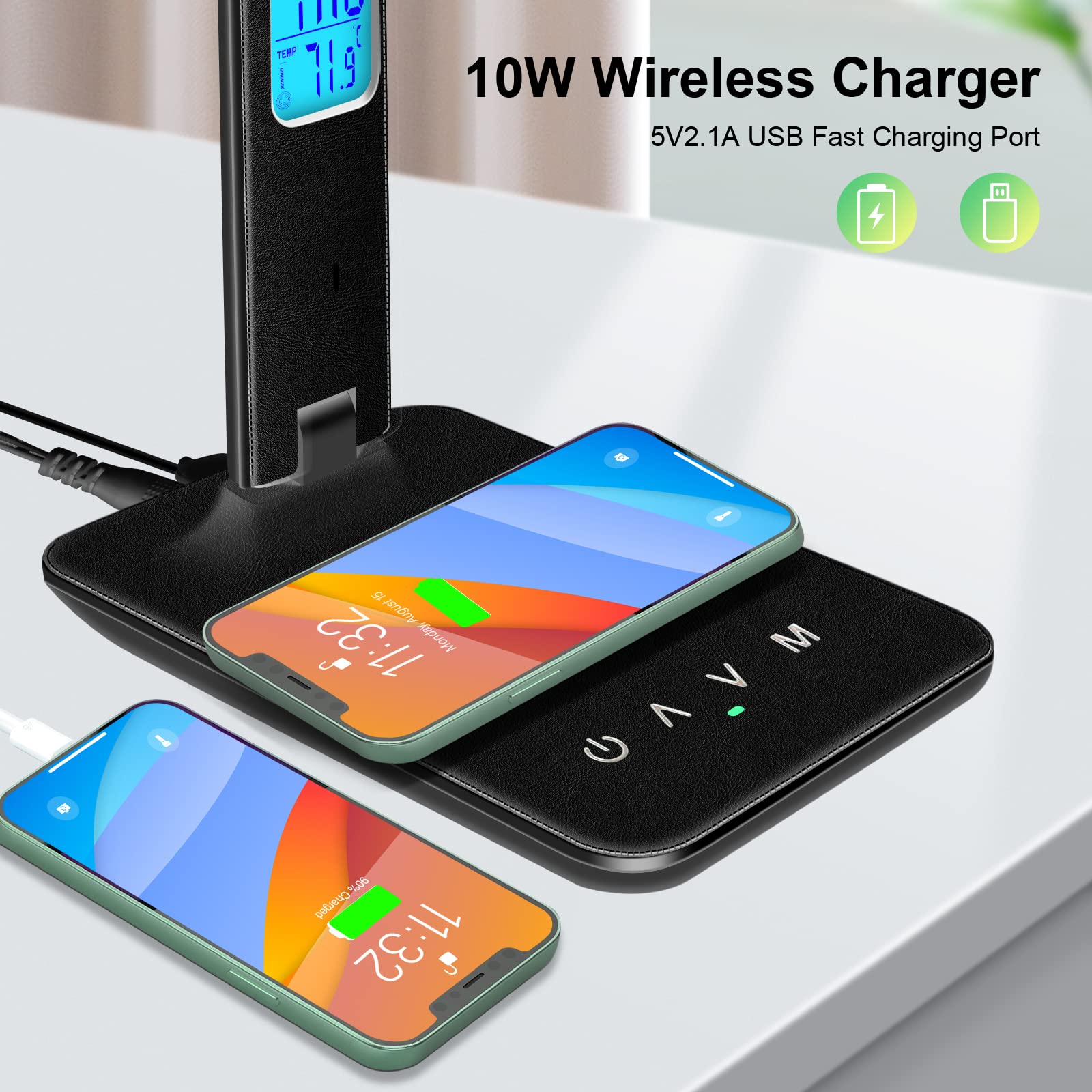 snsok Desk Lamp with Wireless Charger & USB Port, Dimmable, Clock, Alarm, Temperature, Foldable, Black, Model TX26C