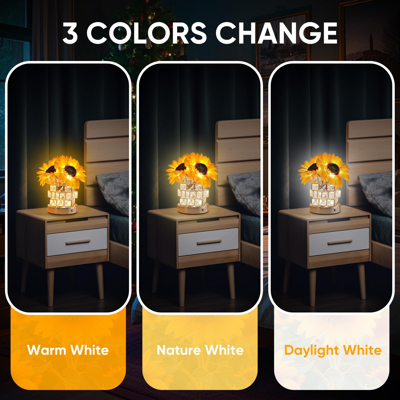 Bassi Sunflower Table Lamp, Flower Touch Lamp For Nightstand, Cordless 3 Brightness Dimmable Battery Powered Small Night Light,