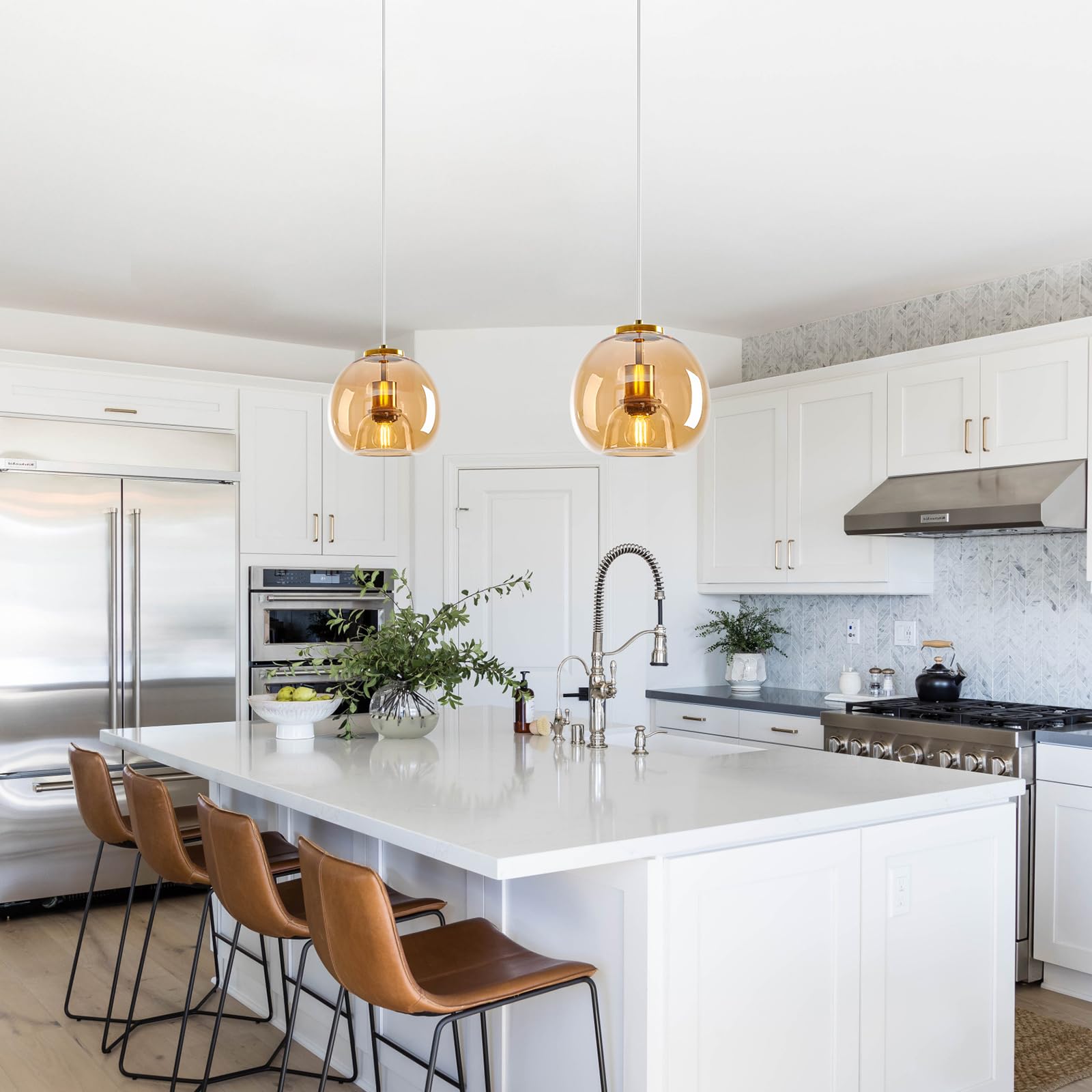 Lbsqj Amber Glass Pendant Lights Kitchen Island Gold Hanging Light Fixture Glass Globe Pendant Light Modern Pendant Lighting For Kitchen Island Bedroom Dining Room (7.87  1 Pack)