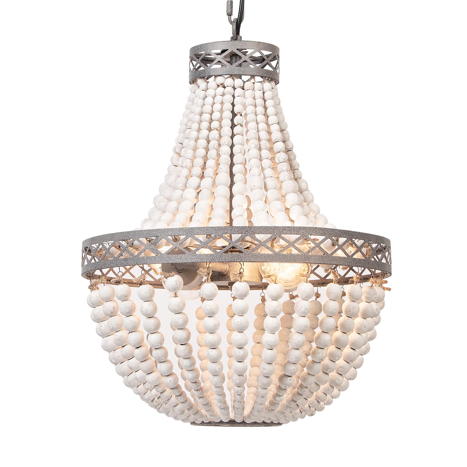 Firvre Wood Beaded Chandelier - Rustic Vintage Boho Light Fixture For Living Room & Kitchen