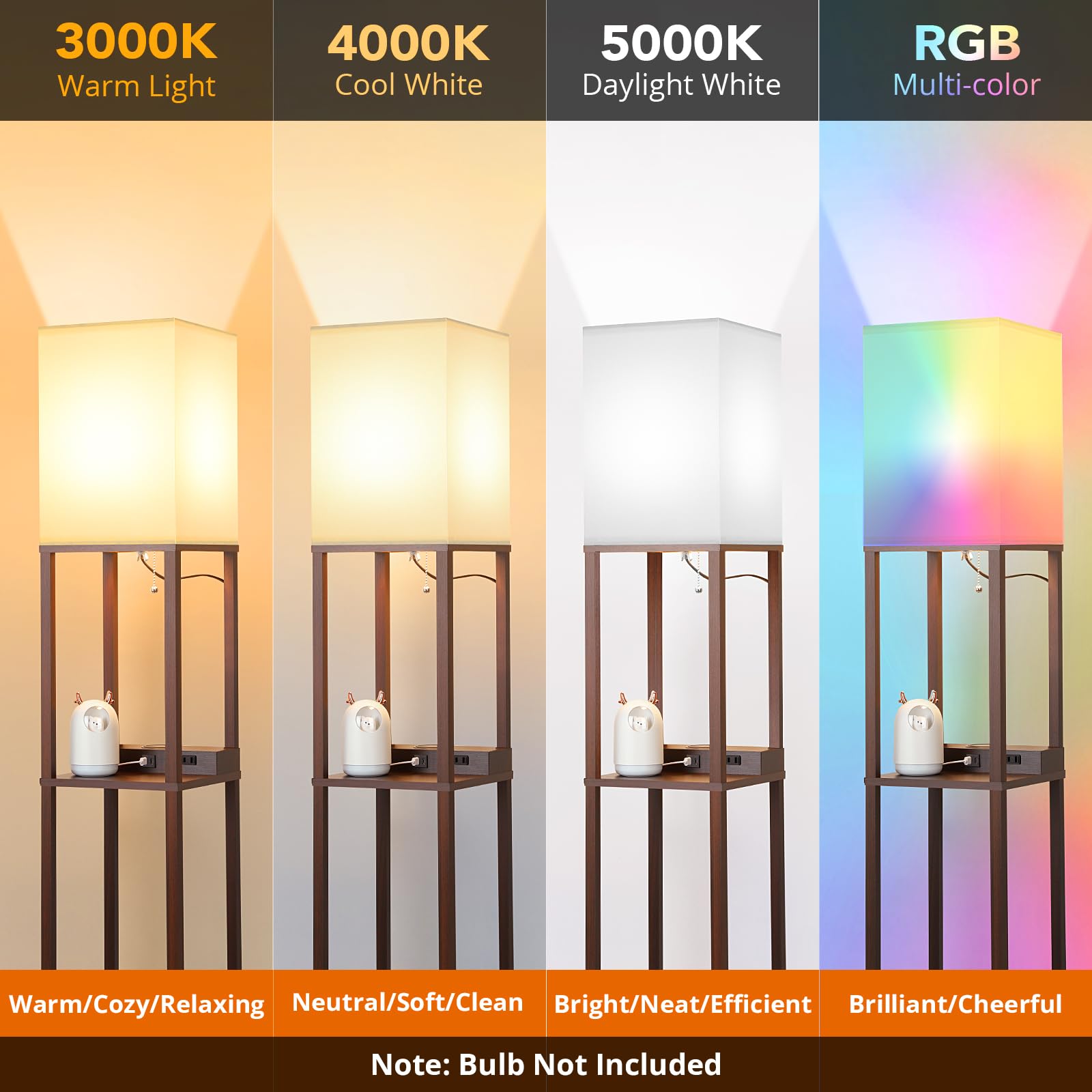 Mlambert Modern LED Shelf Floor Lamp with Wireless Charger, 2 USB Ports, 2 Power Outlets, Brown, Model A-092, Corner Light