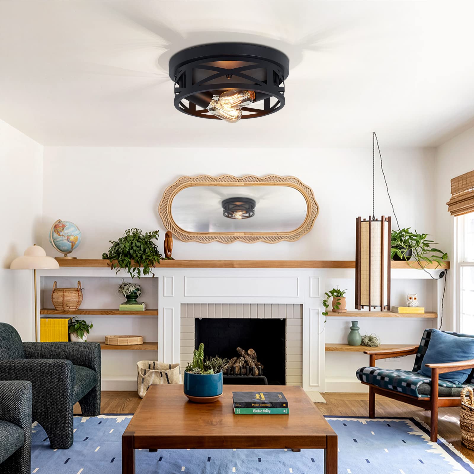 Zhu Yan 2 Pack Black Flush Mount Ceiling Light,Industrial Farmhouse Metal Cage Black Light Fixtures Ceiling Mount For Kitchen En