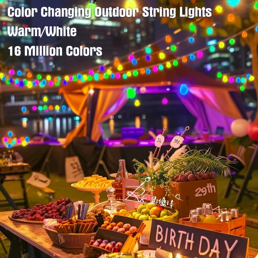 Honche Smart Outdoor String Lights, 36FT RGB LED, 15 Dimmable Bulbs, Waterproof, Remote/App Control, Color Changing for Patio & Garden