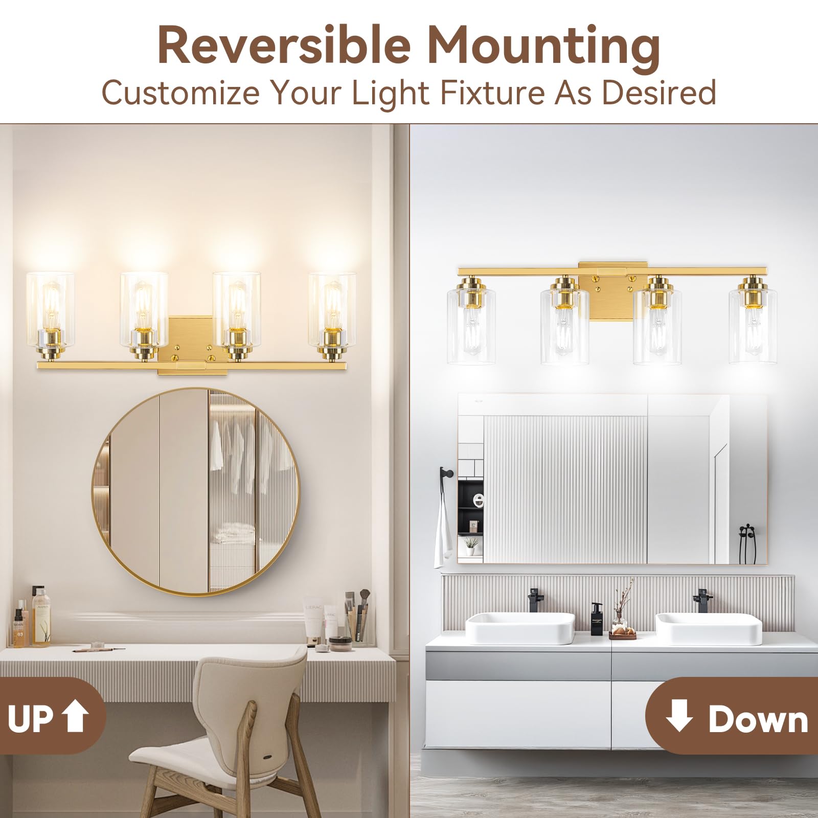 4-Light Bathroom Light Fixtures, 27'' Modern Vanity Lights Over Mirror With Clear Glass Shades, Gold Wall Sconce, Classic Wall L