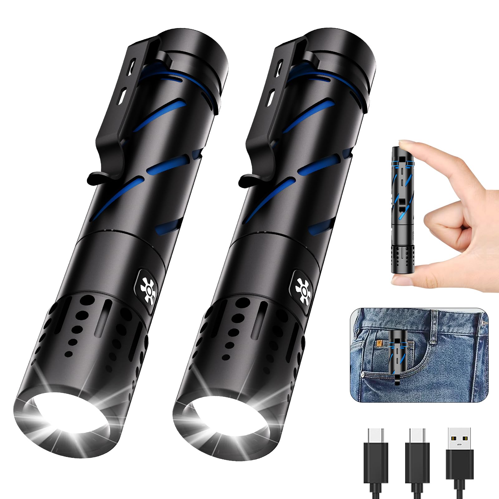 Karrong Rechargeable Flashlight - 5 Modes, Zoomable, Waterproof, Aluminum, Small Flashlight 2PCS, Black, Model K2307