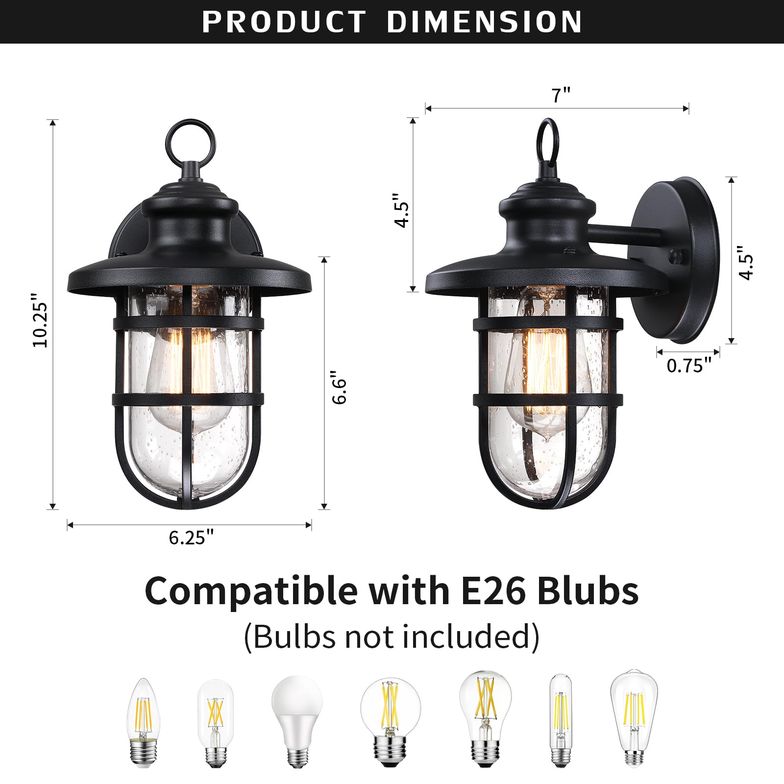 Yklitg 2 Pack Porch Light Outdoor Wall Mount, Outside Wall Sconce Lighting Fixture With Seeded Glass, Sand Black Waterproof Exte