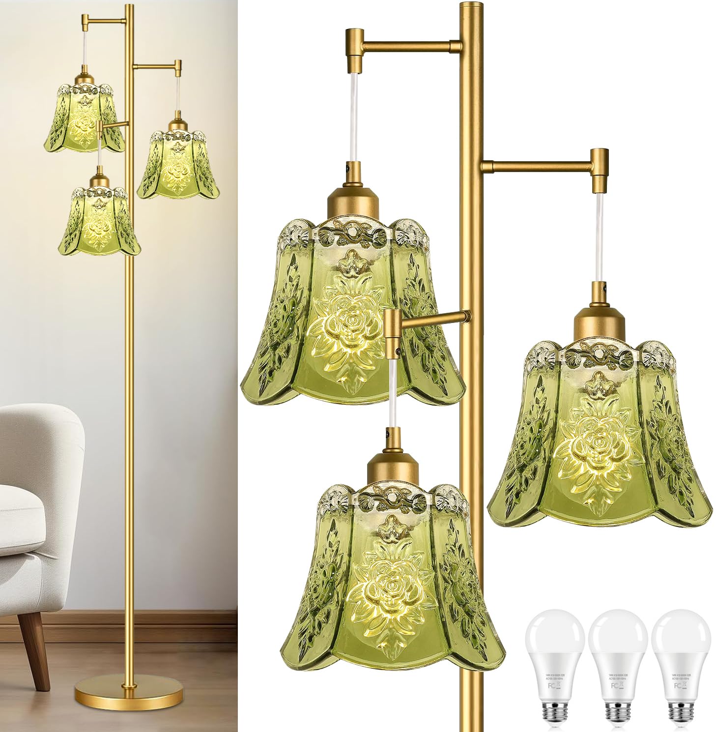 ILLMTW Glass Floor Lamp, 3 Light Brass Tree Design, Gold, Tall 4-Floor Lamp, Vintage Retro Style with Green Flower Shade
