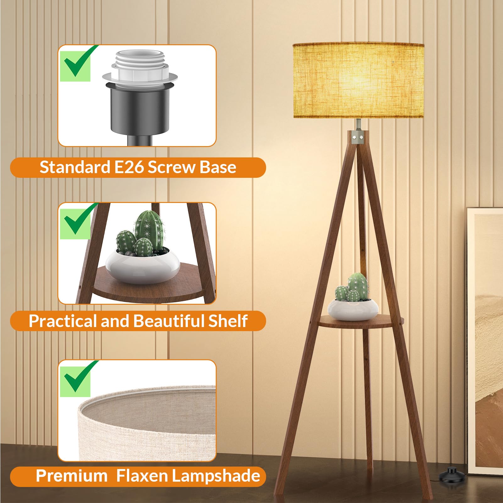 LEPOWER Tripod Floor Lamp, Mid Century Design, Dark Brown Wood, Shelf, Model UF1101, Ideal for Living Room and Office