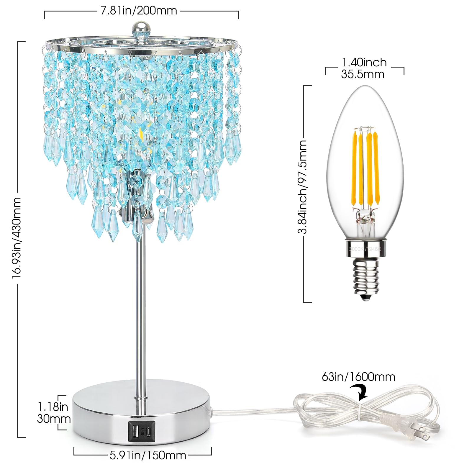 Touch Control Crystal Table Lamp, Usb Bedside Lamp For Bedroom, 3-Way Dimmable Nightstand Lamp With Elegant Teal Shade, Modern D