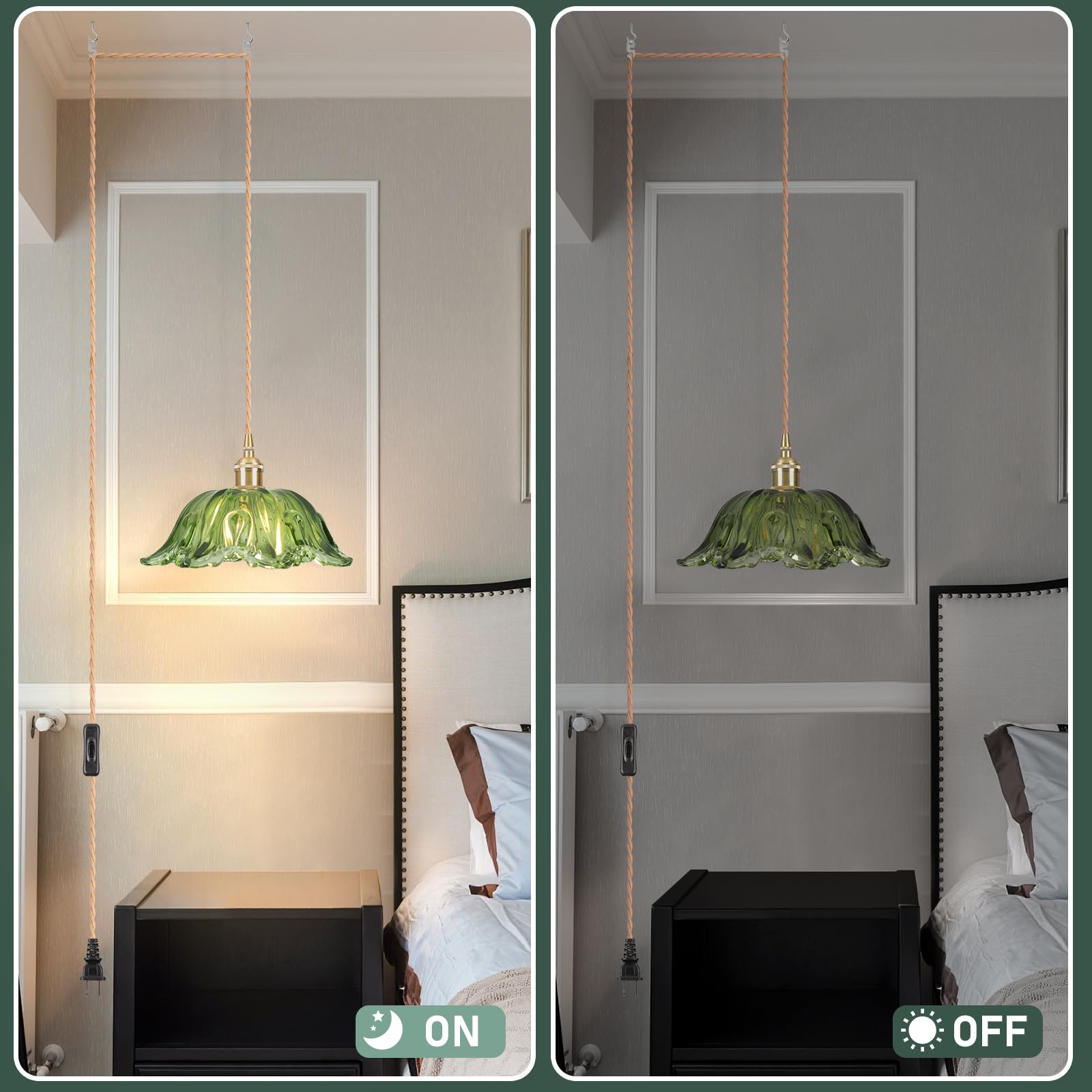 Loiogohot Plug-in Pendant Light Fixture, E26 Green Glass Lampshade, On/Off Switch, 10.6in, for Kitchen Island, Bedroom, Dining Room