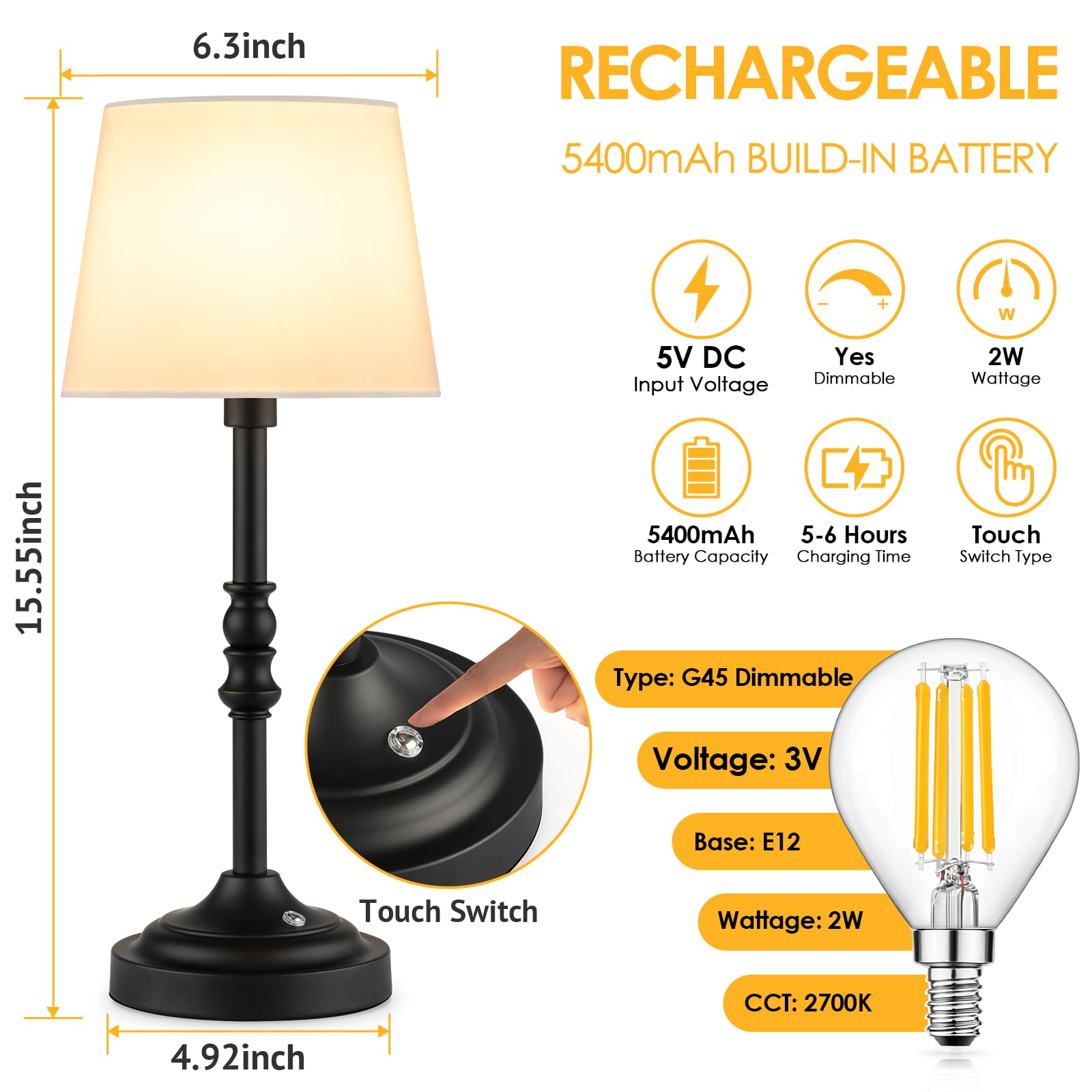 GGOYING Set of 2 Rechargeable Cordless LED Table Lamps, 4-Level Dimmer, Black, Metal, 2 Count