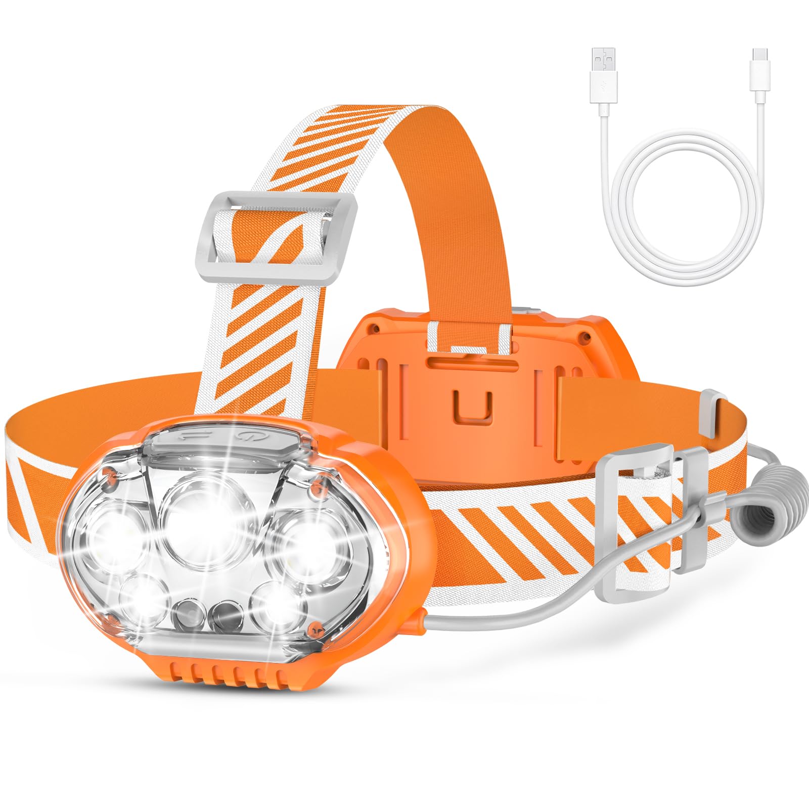 MIOISY Rechargeable Headlamp, High Lumen 5 LED Head Lamp with Red White Light, IPX4 Waterproof Headlight,8 Mode Head Flashlight