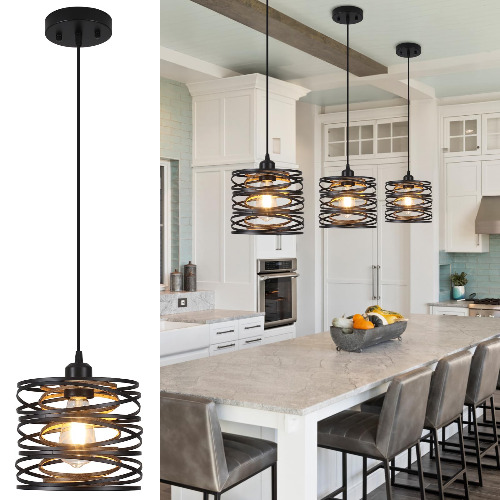 Ynzefly Pendant Light, Kitchen Island Hanging Light Fixtures Wood Farmhouse Metal Pendant Lighting for Dining Room Bedroom Bar O