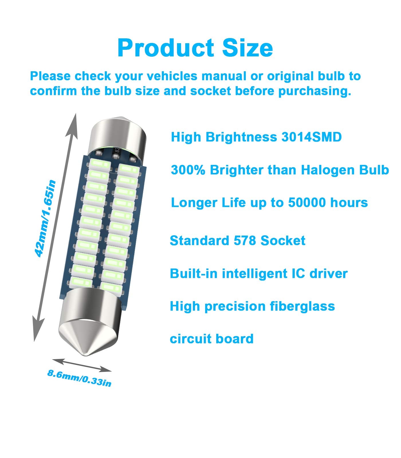 Serundo Auto 578 Led Festoon Bulb 211-2 Led Car Bulb 41Mm 42Mm 1.65In 212-2 Bulb For Car Map Light Dome Light, 22Smd 3014 Chips Interior Led Festoon Bulb,Pack Of 4Pcs Ice Blue Color