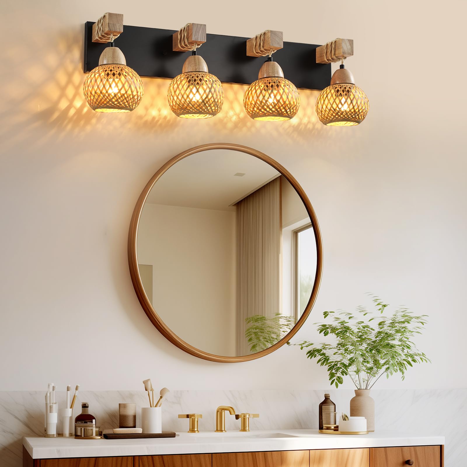4-Light Bathroom Vanity Light Fixtures,Rustic Style Farmhouse Wood Bathroom Wall Sconce, Handmadebamboo Woven Boho Wicker Basket