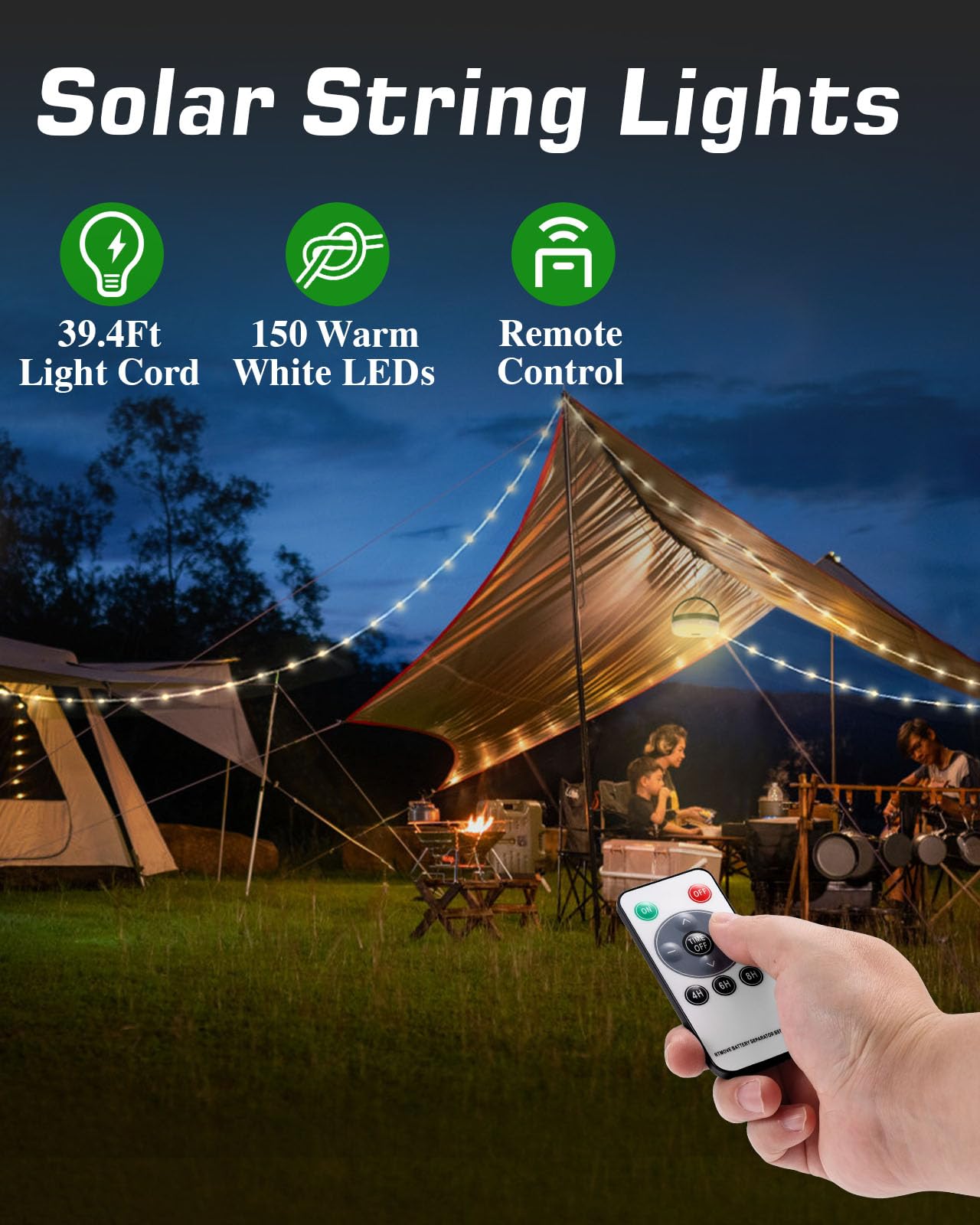 Anpro Solar Camping String Lights, 150 LEDs, 39.4ft, USB Rechargeable, Remote Control, White, Model ACANTY0101