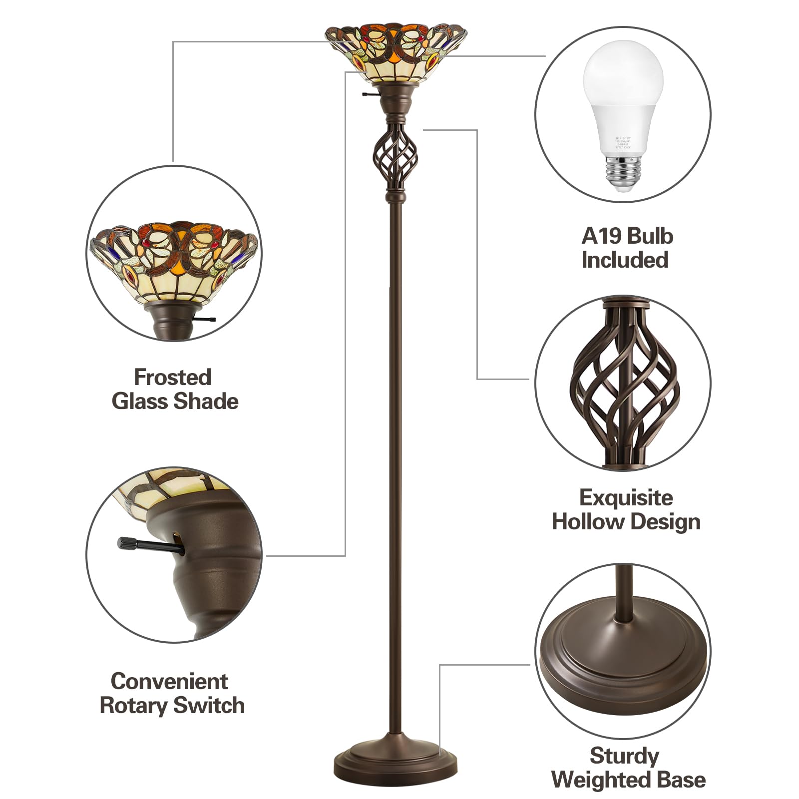 Gyrovu Tiffany Floor Lamp, Torchiere Floor Lamps With Stained Glass, 71 Inch Tall Floor Standing Reading Light For Living Room C