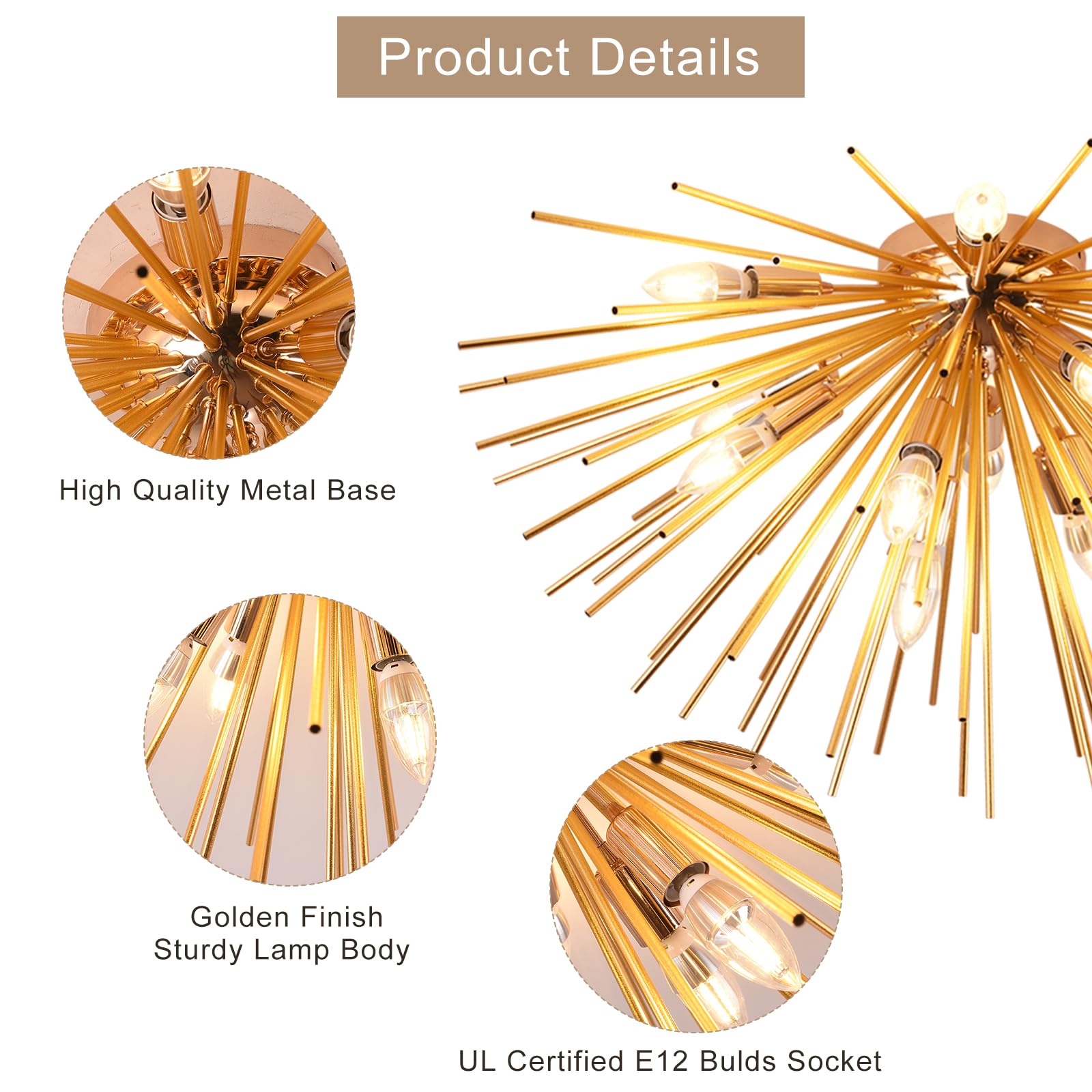 Jaycomey Sputnik Ceiling Light Fixtures, Mid-Century 12 Lights Gold Firework Ceiling Light, Modern Semi Flush Mount Ceiling Lamp