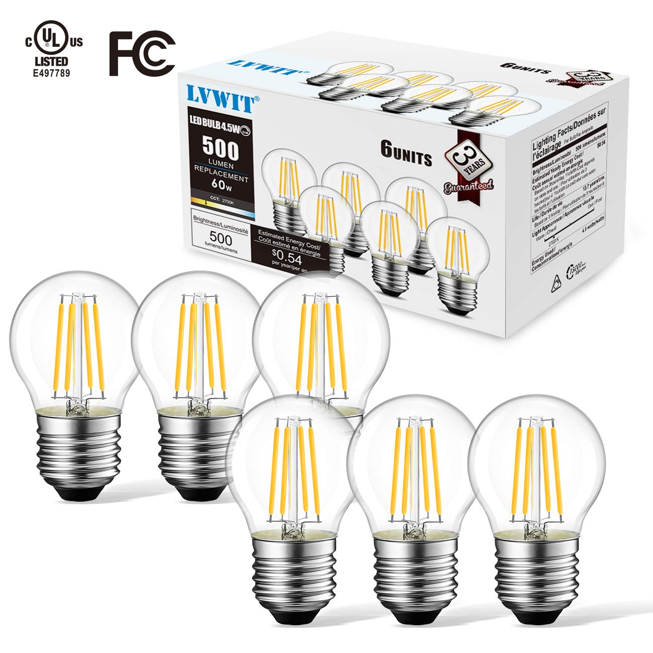 Lvwit G14 Led Filament Globe Bulb, Dimmable 2700K Warm White, E26 Screw Base, Glass, 6-Pack, Ul-Listed, 4W Transparent